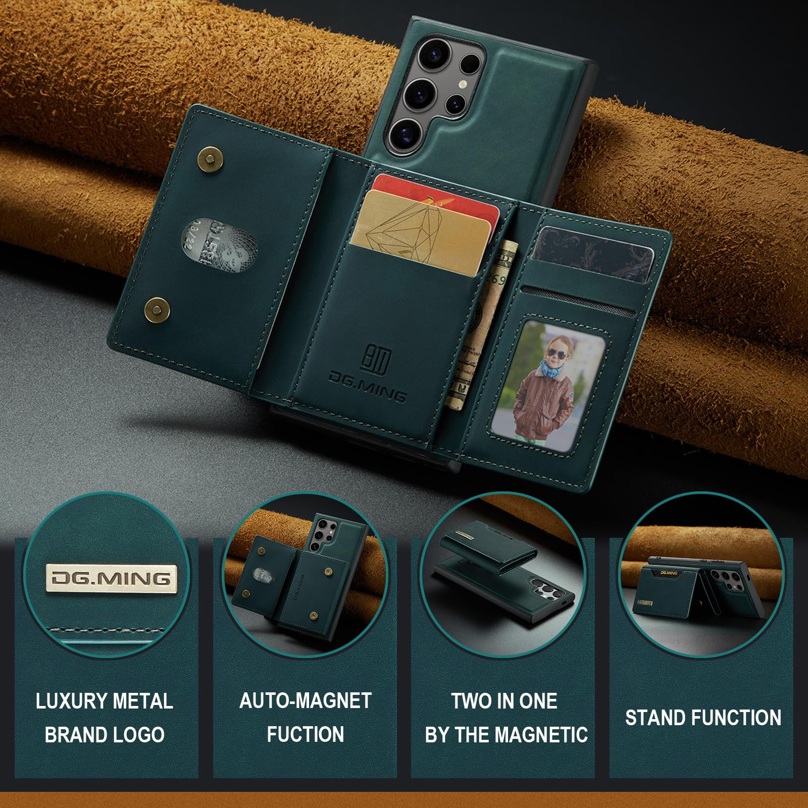 ZORSOME for Samsung Galaxy S24 Ultra Wallet Case, 2 in 1 Detachable Leather Wallet Case for Samsung Galaxy S24 Ultra,Magnetic Wallet Protective Case with Stand + Card Holder (Green)