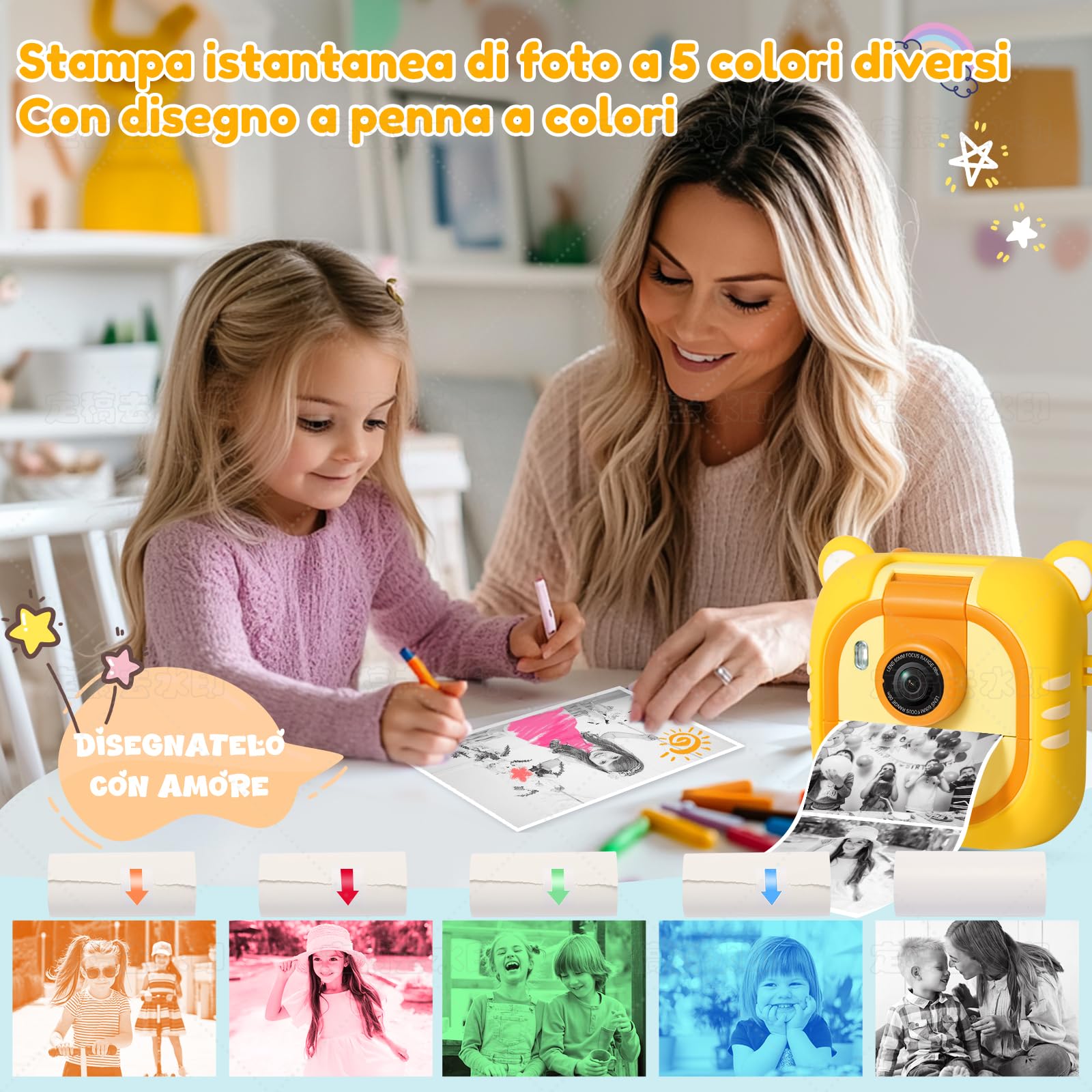 ARNSSIEN Macchina Fotografica Bambini Istantanea e 7 Rotoli Carta (4 Col: O/R/V/B+3 B&N)-2,4”Fotocamera istantanea con 32GB, 180 °Flip Obiettivo, Regalo di Natale e Compleanno per Bambini per 3-12,M2