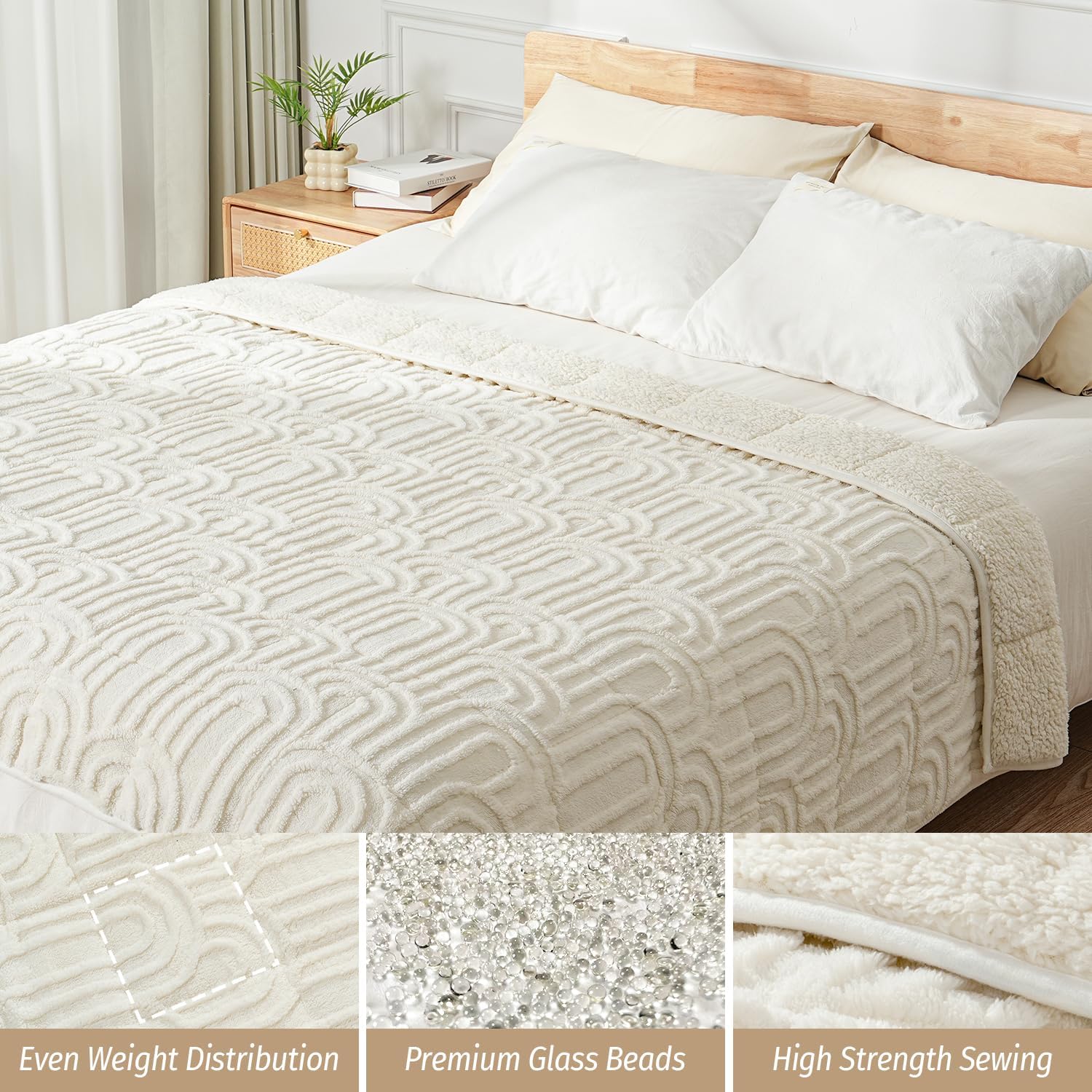 Wemore Jacquard Fleece Weighted Blanket Queen Size 60" x 80" 15lbs, Ultra Soft Cozy Sherpa Weighted Blankets for Adults, Ultra Fuzzy Heavy Blanket for Sleep, Fluffy Warm Throw for Bed, Cream White - Image 5