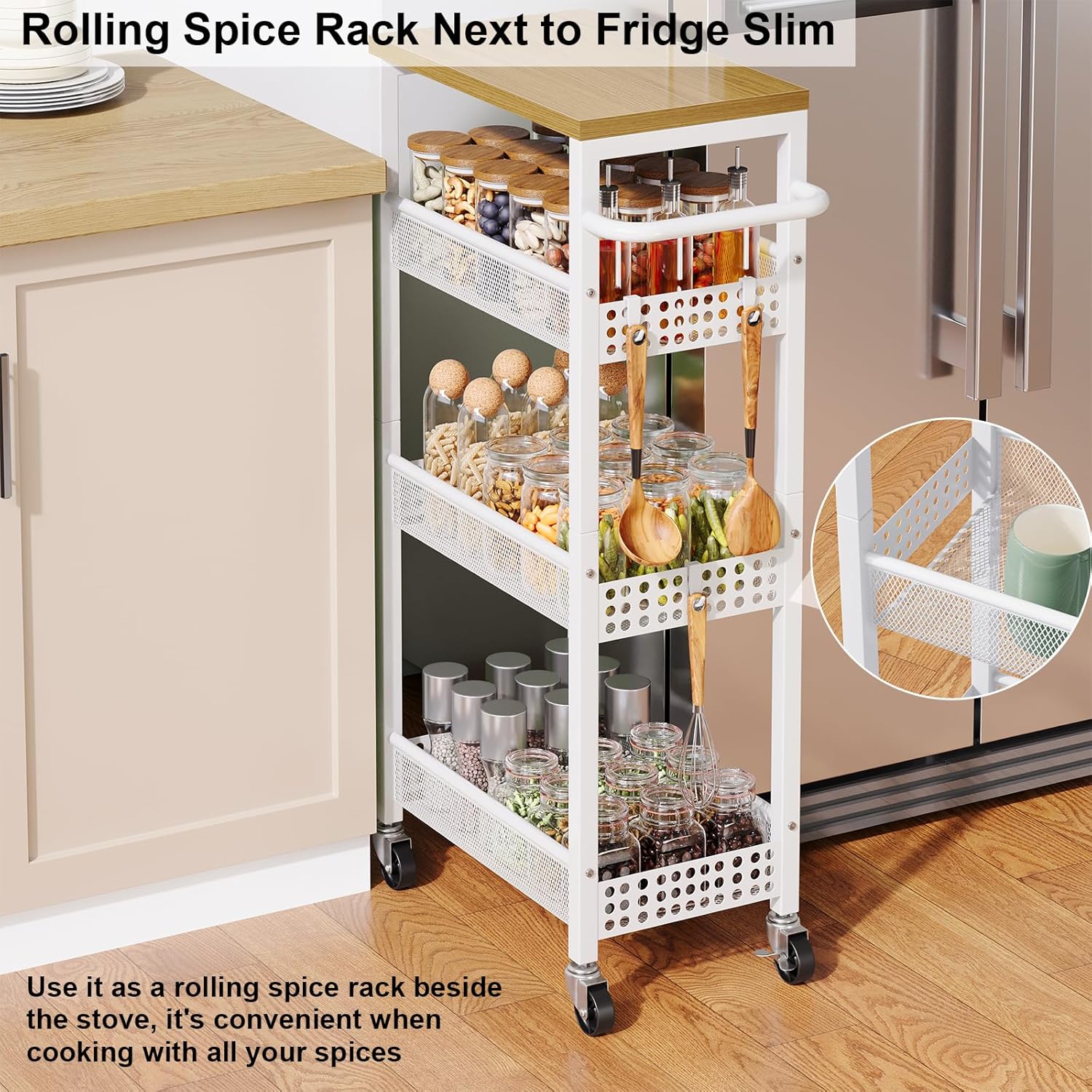 Slim Storage Cart, 4 Tier Fruit and Vegetable Baskets for Kitchen Small Space, Narrow Rolling Cart on Wheels with Wooden Top and Metal Handle for Pantry, Bathroom, Laundry Room