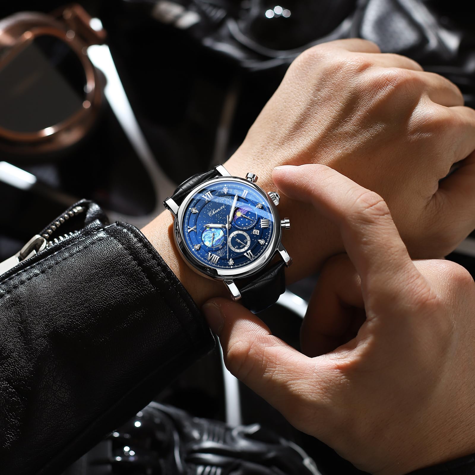 JewelryWe Orologio da Polso da Uomo in Pelle: Orologio da Polso Impermeabile Multifunzione Quadrante con Decorazione Notturna Van Gogh Starry Night con Cronografo e Calendario