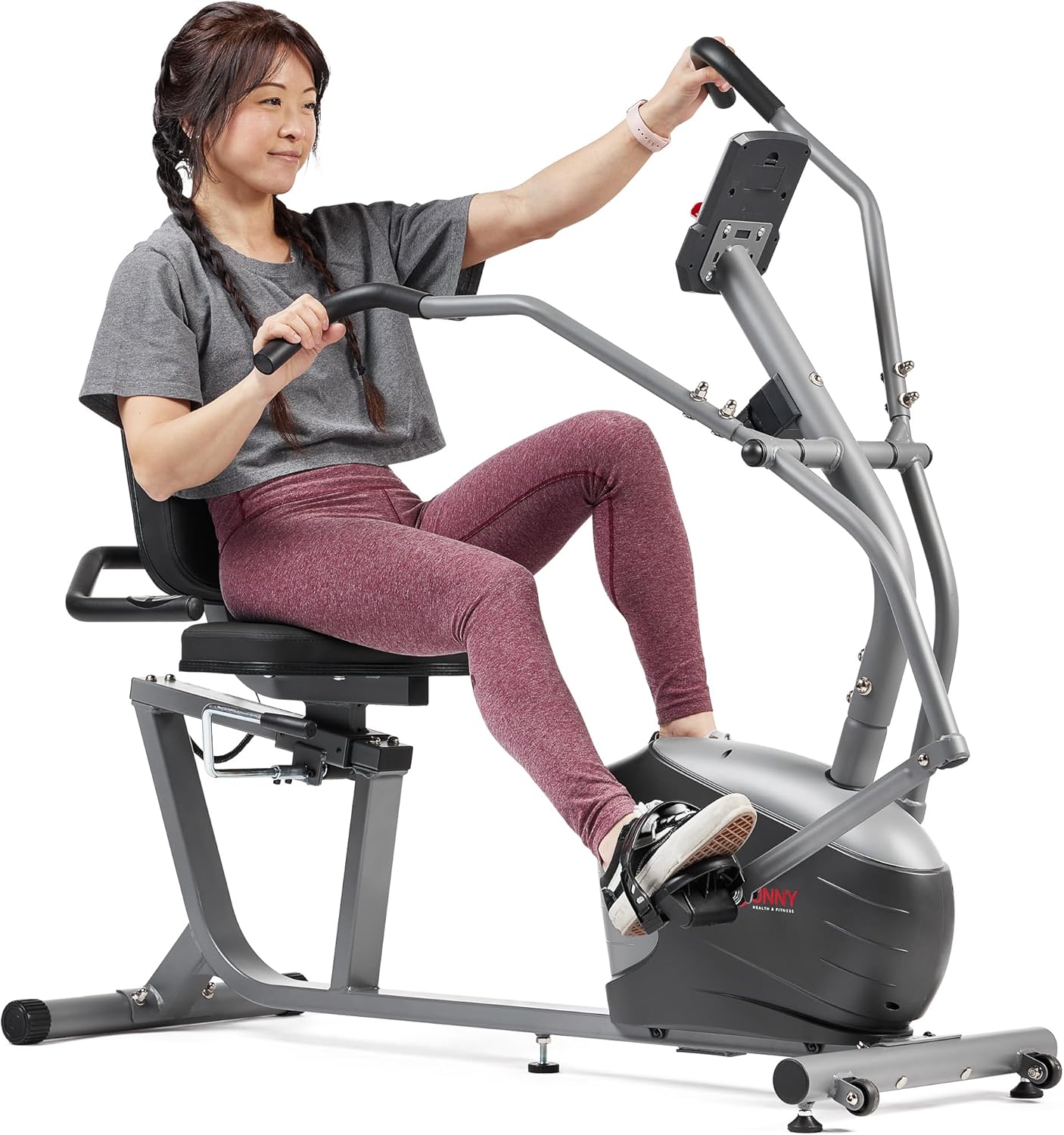 Sunny Health & Fitness Compact Performance Recumbent Bike with Dual Motion Arm Exercisers, Quick Adjust Seat & Optional Exclusive SunnyFit App Enhanced Bluetooth Connectivity