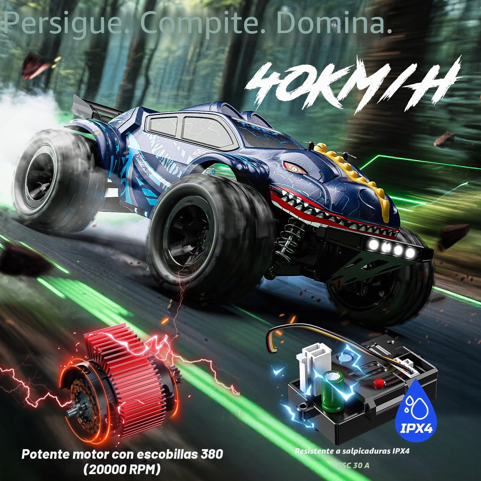 DEERC 9308E 1:16 Coche Teledirigido Monster Truck Rápido 40 KM/H, Camión RC Dinosaurio 4 Ruedas Motrices Alta Velocidad, Coche RC Todo Terreno 2,4 GHz con 2 Baterías y 2 Carcasas para Niños