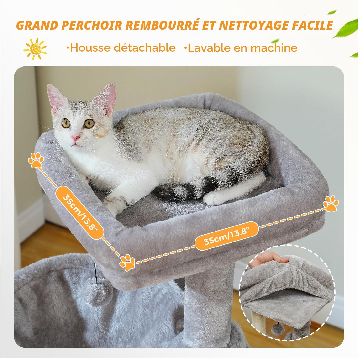 PETEPELA Arbre à chat de 104 cm avec 2 grottes spacieuses pour chats, hamac confortable de 40 cm, perchoir, tampon griffoir et balle de jeu amovible, gris
