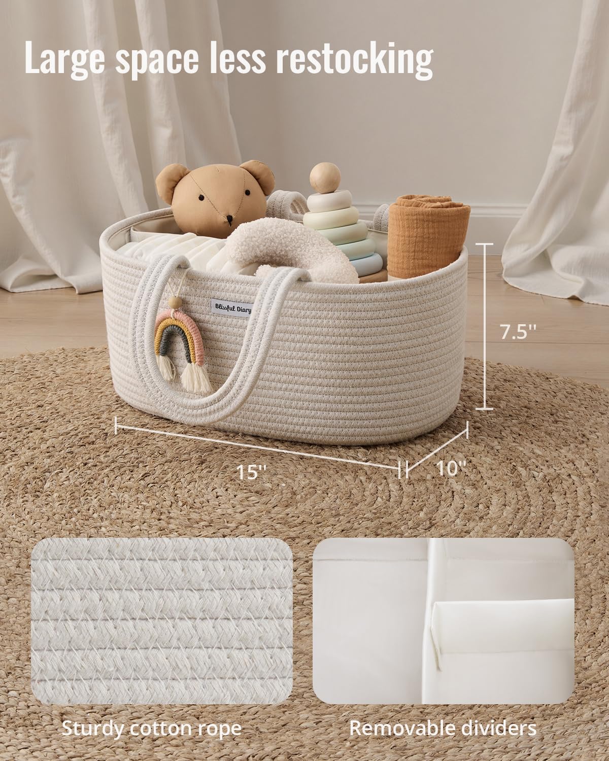  Baby Diaper Caddy Organizer, Cotton Rope Diaper Caddy Basket, Oval Storage Basket, Gift for Baby Shower, Newborn Essentials, Beige thumbnail