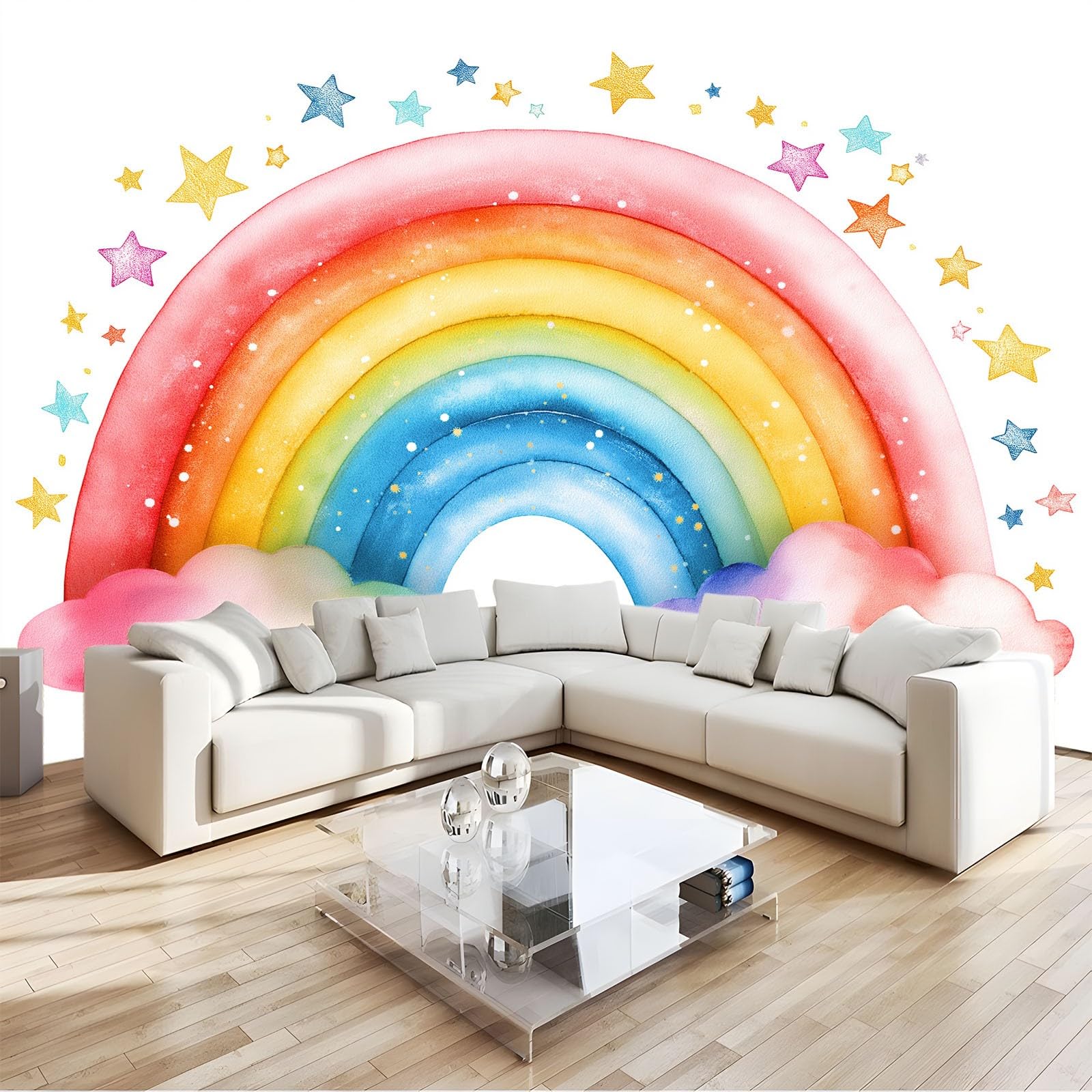 Panoramiczna tapeta 3D bajkowa tęcza gwiazdy różowe chmury 350 x 256 cm, tapeta z włókniny - fresk ścienny do salonu, sypialni i biura, dekoracja ścienna druk HD