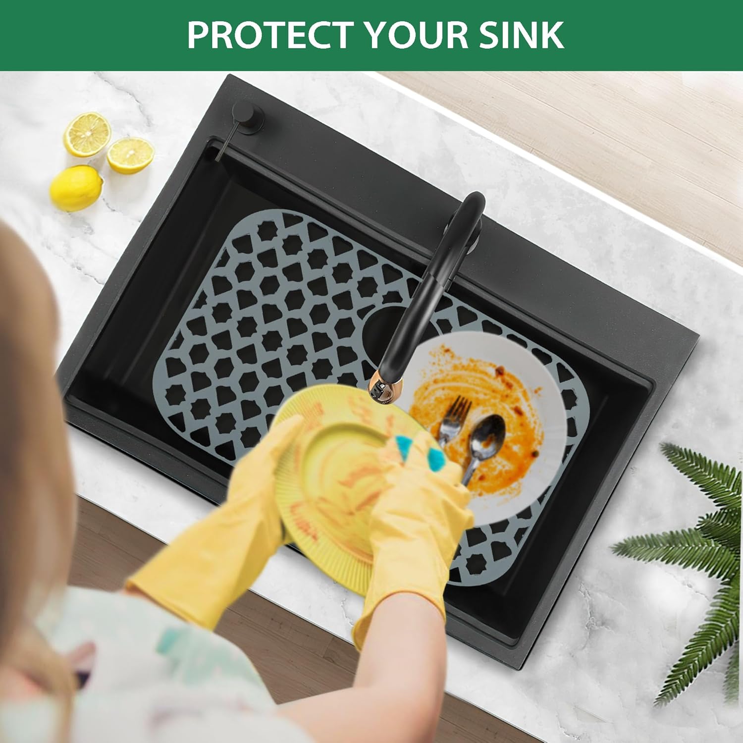 Sink Protectors for Kitchen Sink 13x11 &16x12 & 18x16 & 19x14 & 21x16 & 22x13 & 24x13 & 25x16 & 26x14 & 28x14 & 30x16, Silicone Sink Mat Grid (21"x16", Rear Drain)