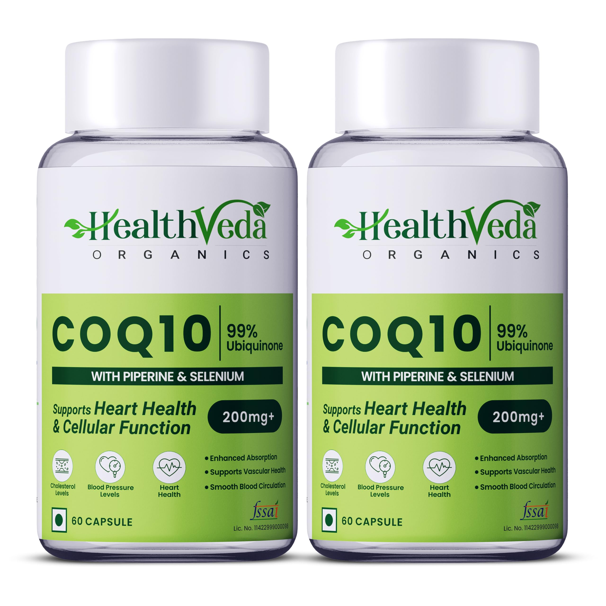 Health Veda Organics CoQ10 200 mg with BioPerine | 60 Capsules (Pack of 2) for Men & Women | High Absorption Coenzyme Q10 for Heart, Energy & Antioxidant Support