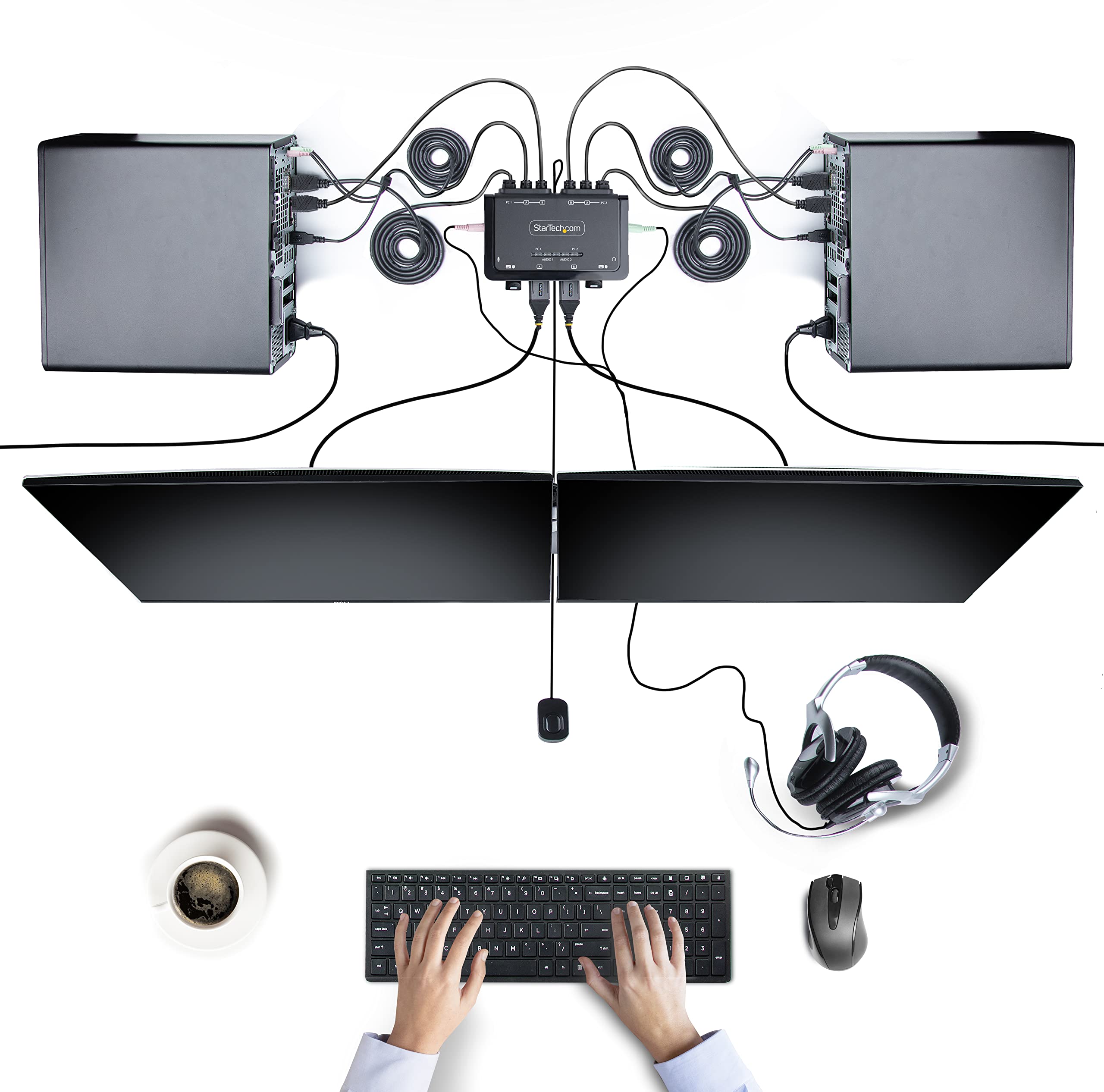 StarTech 2 Port Dual-Monitor HDMI KVM, 4K 60Hz, USB-betrieben, 1,5m Kabel | Integrierte Kabel, USB-A, Hotkey, Fernumschaltung, Zwei Monitore, Desktop