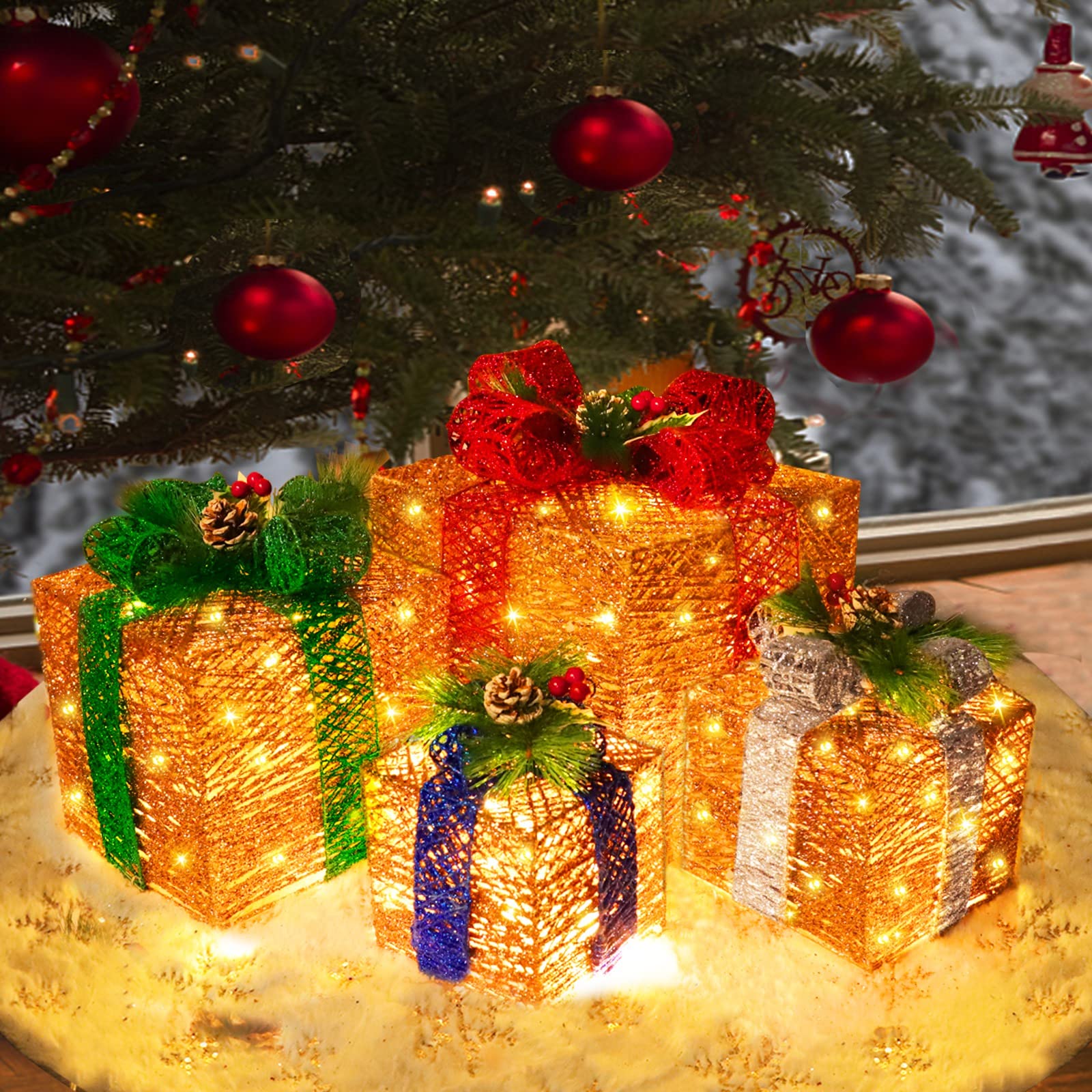 [ Super Large 12"-10"-8"-7" ] 4 Pack Lighted Gift Boxes Christmas