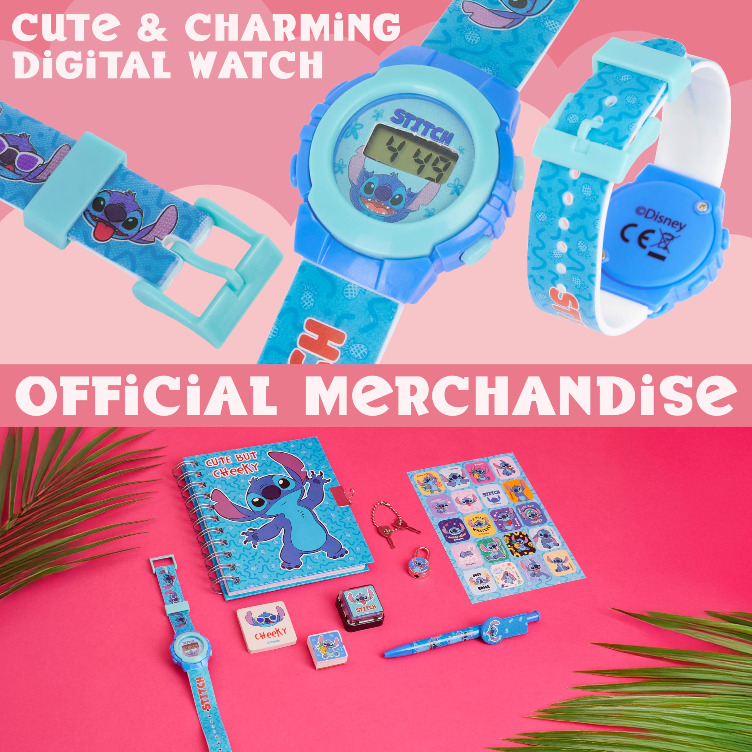 Disney Stitch Set de Regalo con Reloj Digital, Diario con Candado y Boligrafo