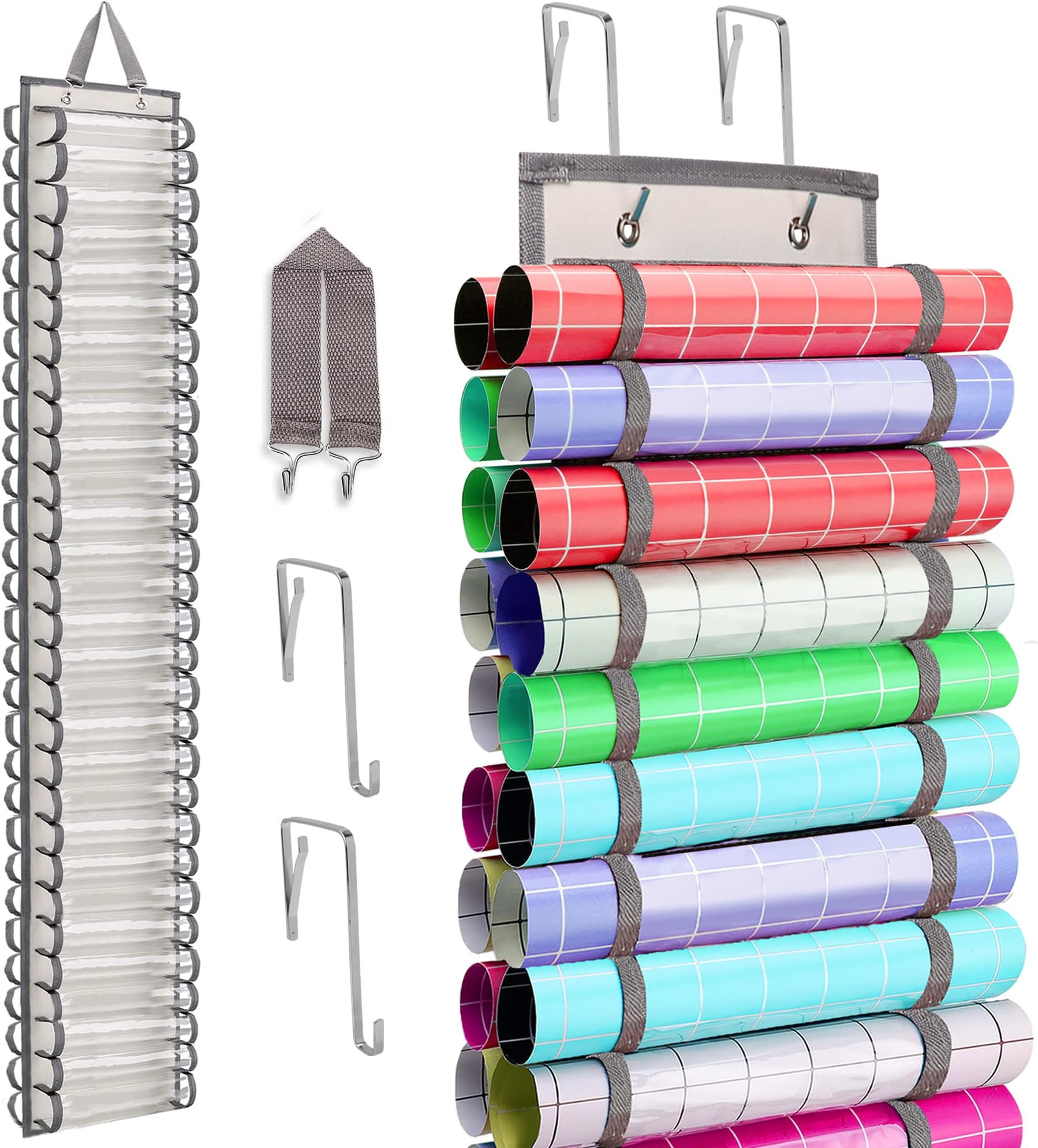 56 Compartments Hanging Vinyl Storage Organizer, Double-sided Vinyl Roll Holder Keeper with 2 Hooks for Door and 1 Lanyard, Vinyl Storage Rack Wall Mount for Craft Room Home