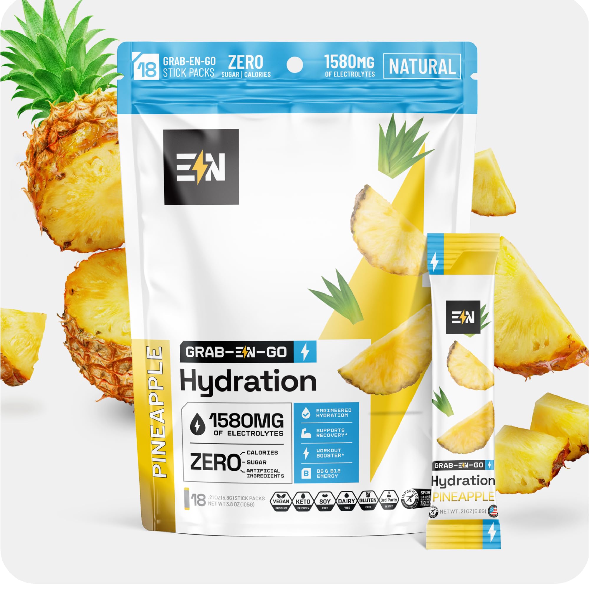 Engineered Nutrition Pó de eletrólitos com magnésio, potássio, sódio e cálcio, sabor abacaxi, 18 sachês
