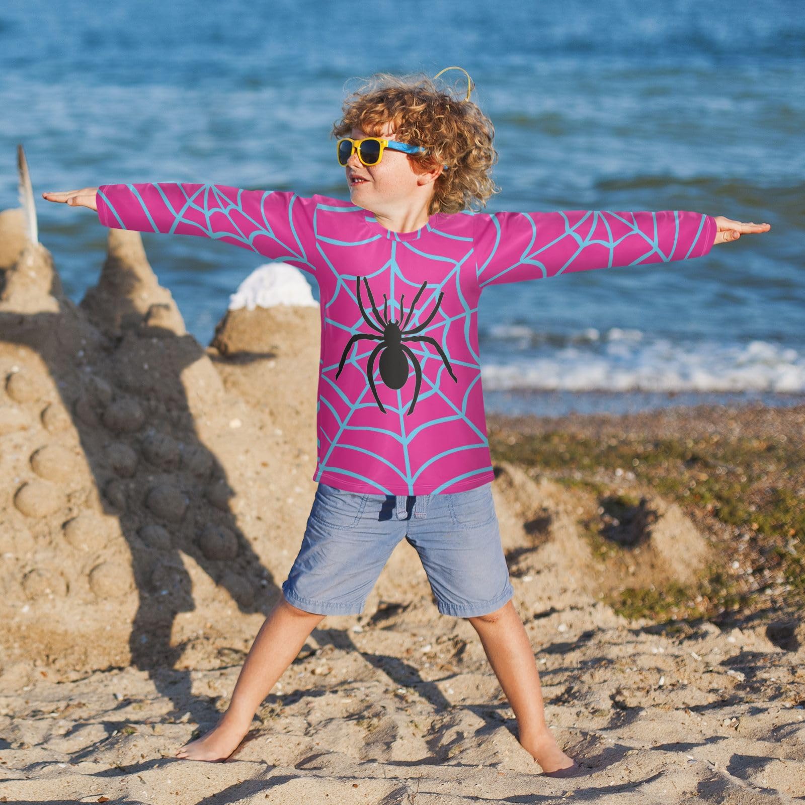 CaTaKu Pink Spider Web Boys Rash Guard Toddler Swim Sun Shirts Long Sleeve UPF 50+ Swimsuit for Boys Girls 3T