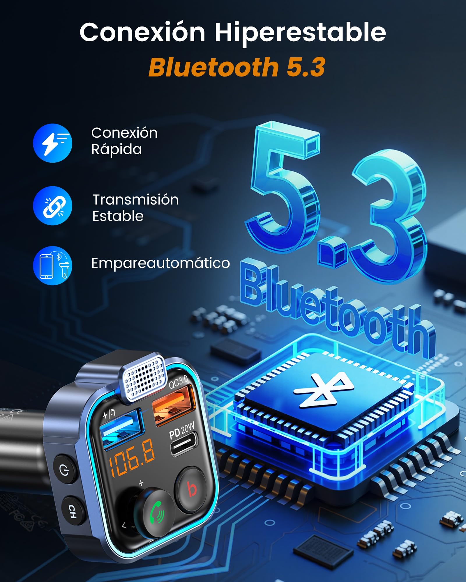 LENCENT Transmisor FM Bluetooth 5.3,Manos Libres Reproductor Música Coche, Deep Bass Sonido Hi-Fi, Adaptador Radio Bluetooth 2 USB+Tipo C 20W Carga Rápida, Soporte Memoria USB — view 4