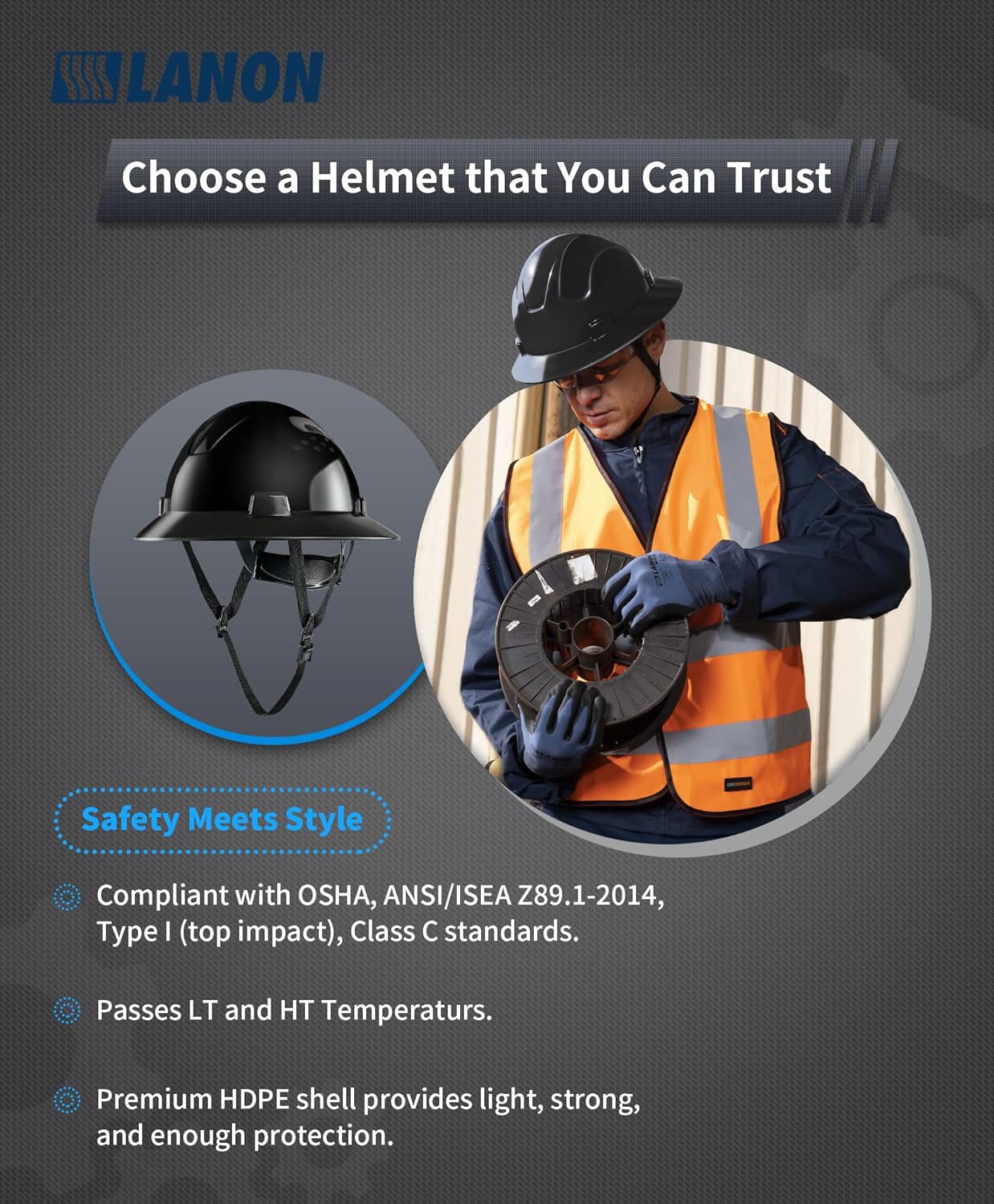 LANON Black Full Brim Hard Hat, OSHA Construction Work Approved, HDPE Safety Helmet with 4 Point Adjustable Ratchet Suspension, Class E, G & C - Image 3