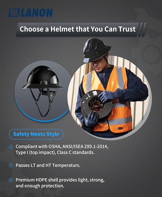 LANON Black Full Brim Hard Hat, OSHA Construction Work Approved, HDPE Safety Helmet with 4 Point Adjustable Ratchet Suspension, Class E, G & C