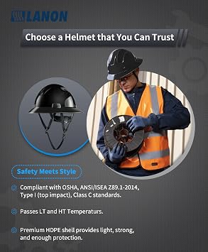 LANON Black Full Brim Hard Hat, OSHA Construction Work Approved, HDPE Safety Helmet with 4 Point Adjustable Ratchet Suspension, Class E, G & C