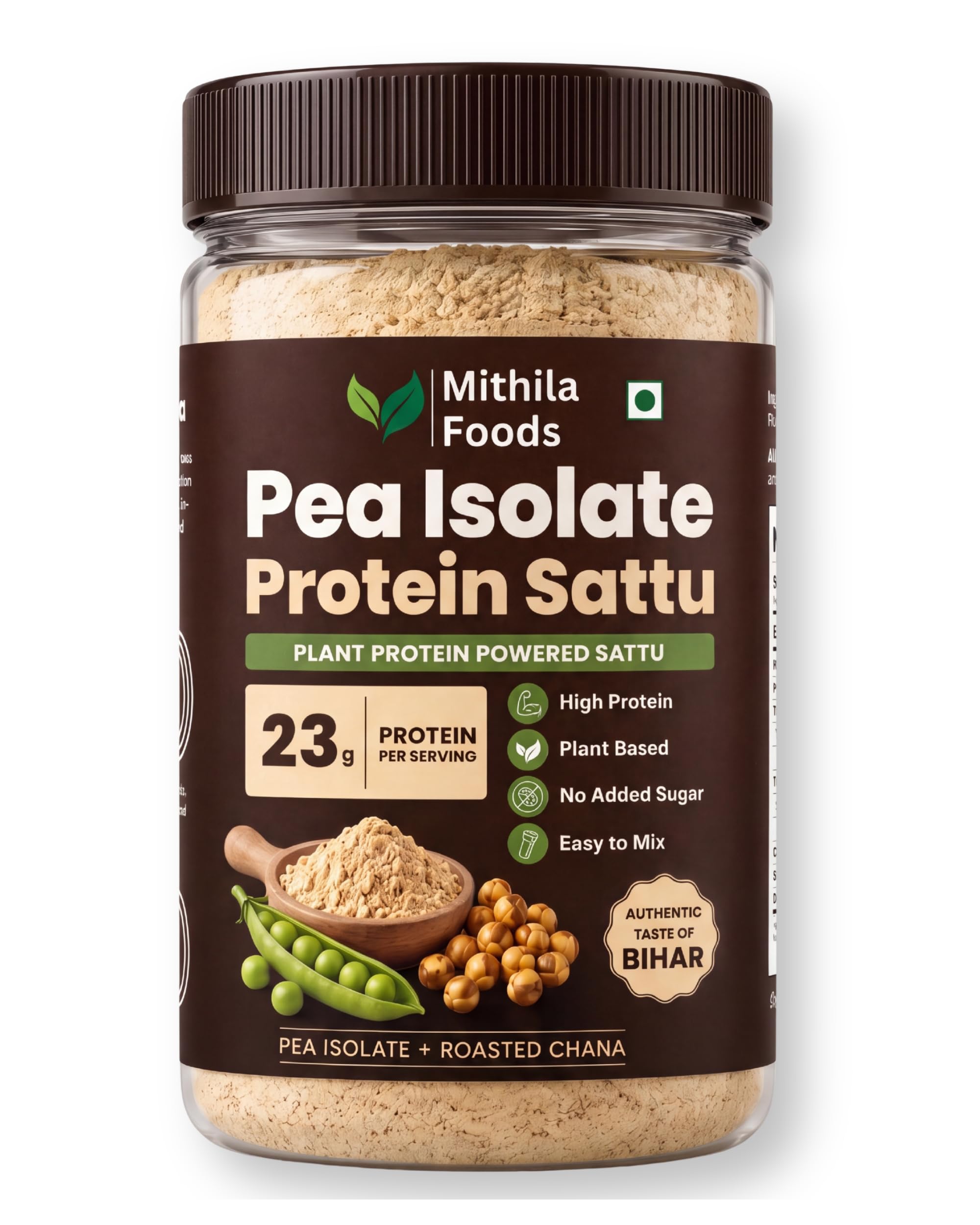 MITHILA FOODS Pea Isolate Sattu 500g | 24g Protein Per Portion | Pea Protein Isolate + Sattu Blend | Vegan Dairy Free Gluten Free High Fiber | Desi Plant Protein Drink | Authentic Taste of Bihar