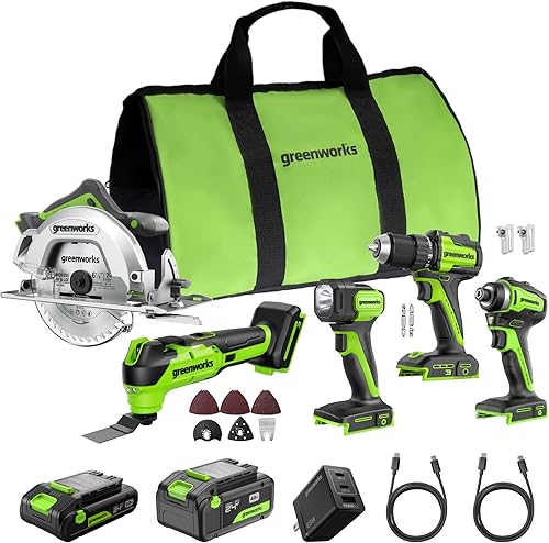 GREENWORKS Combo de 24 V (5 herramientas) (taladro + destornillador de impacto + sierra circular + multiherramienta + linterna), baterías de 4.0 Ah