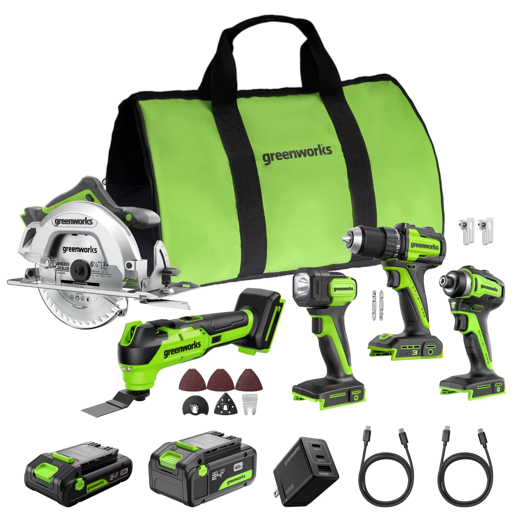 GREENWORKS 24V (5-TOOL) Combo (Drill + Impact Driver + Circular Saw + Multi-Tool + Flashlight), 4.0Ah + 2.0Ah (24,000mAh Power Bank) Batteries, (2) Cables, 65W Rapid Charger