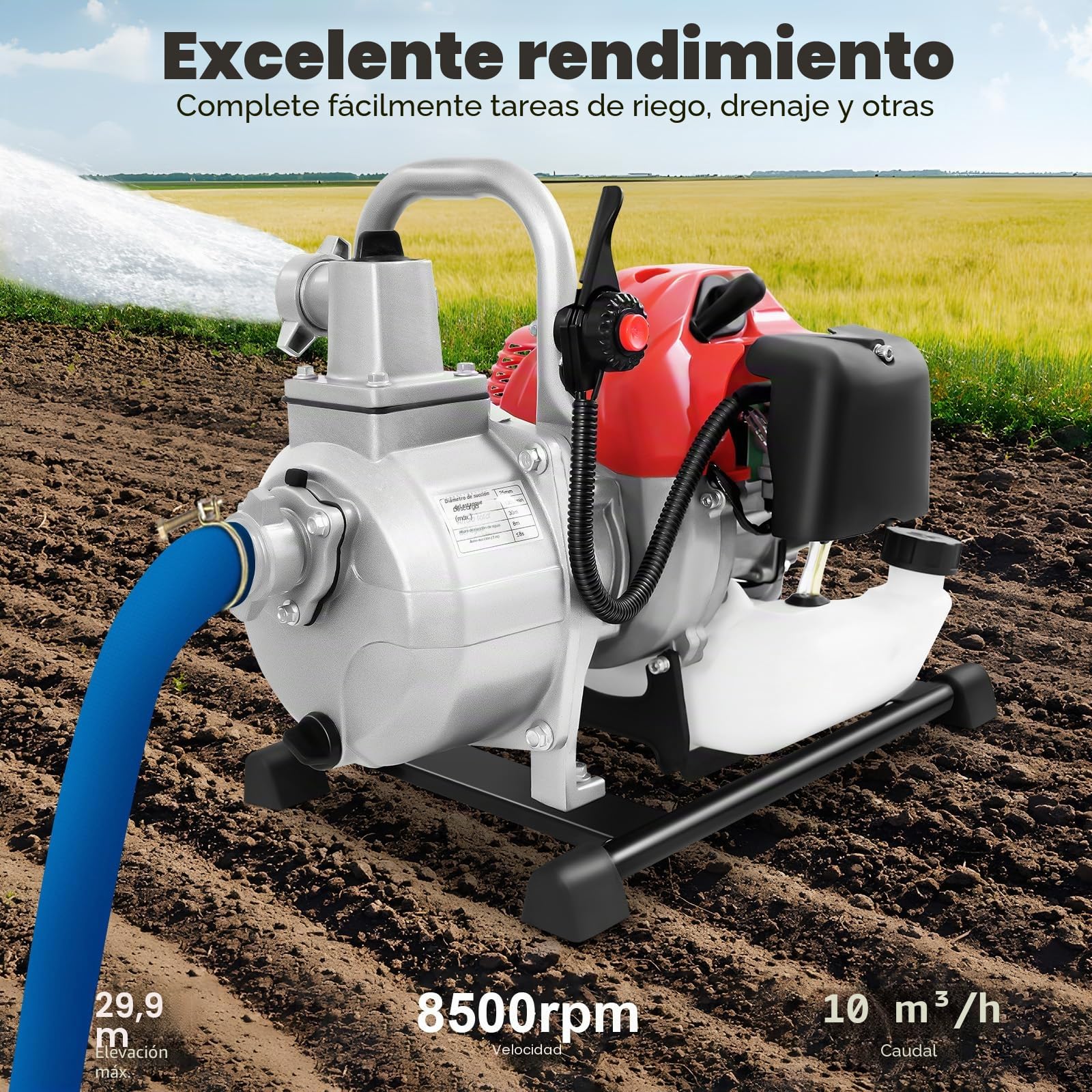 motobomba de agua a gasolina 1,7 CV con motor de 2 tiempos de 1,25 kW, bomba de agua sucia, altura de extracción 30 m, caudal de 10.000 L/H, bomba de alta presión para drenaje/transporte de agua