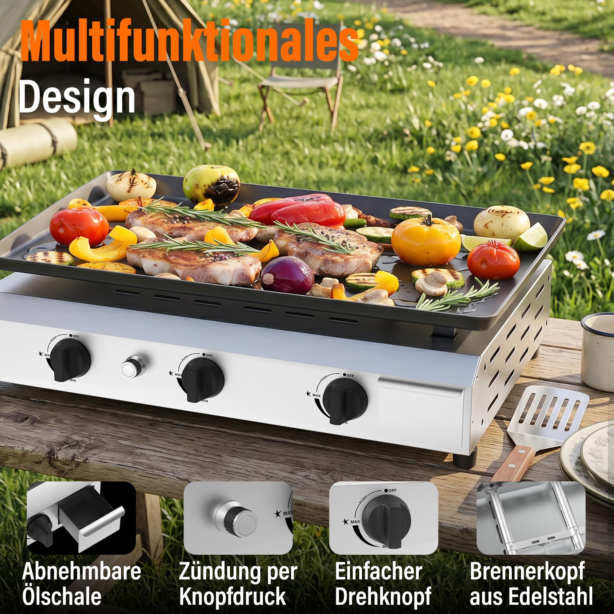 Veralune Gas Plancha, 3-Brenner Gasgrill 6,3 kW, 64*39cm großer Kochbereich | Grillplatte, Kompakt Tischgasgrill mit 50 mbar Druckregler, Keramikbeschichtung, für Butan/Propan, Garten, Picknick & Strand