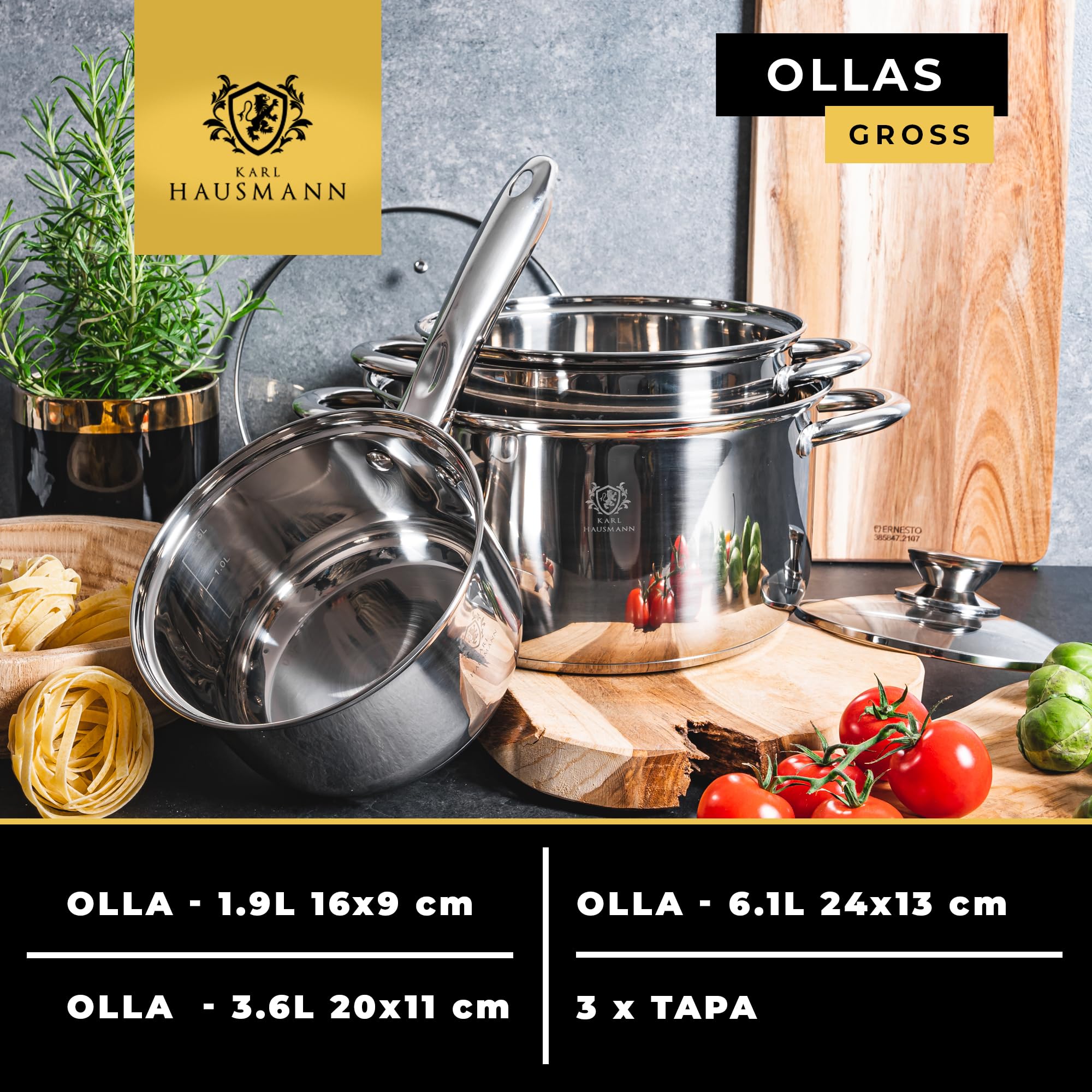 KARL HAUSMANN Bateria Cocina Acero Inoxidable con Tapa de Vidrio - 2 Ollas y 1 Cazo, Aptas para Inducción, Fondo Multicapa para Cocción Uniforme, Válidas para Todo Tipo de Cocinas