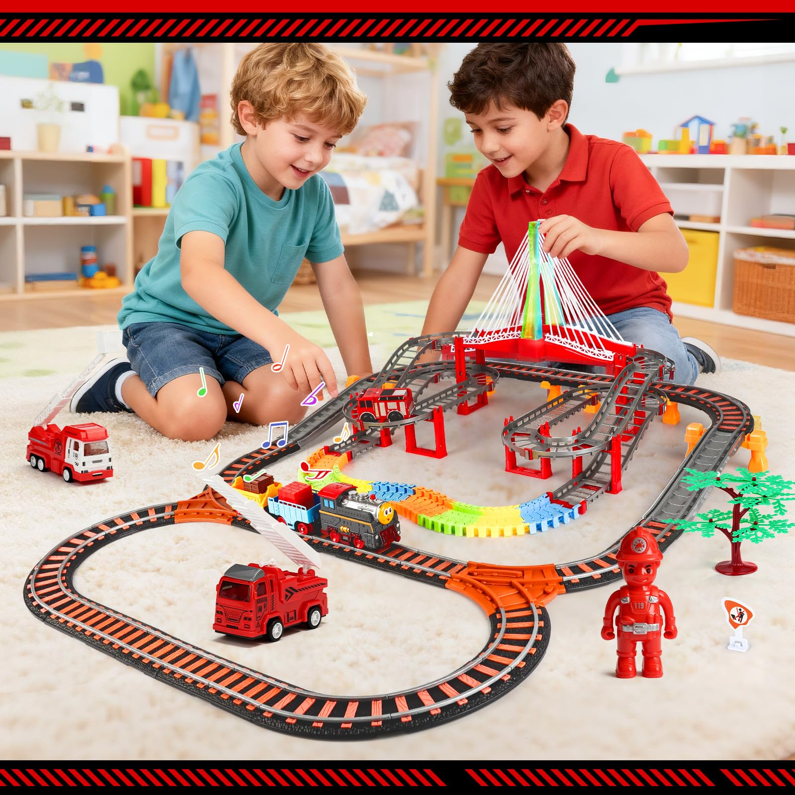 JONRRYIN Trenino Elettrico per Bambini, 161Pezzi Giocattolo Pista Macchinine, Pista Treno e Auto Elettrico a Tema Pompieri con 4 Camion dei Pompieri, Giocattolo di Costruzione per Bambini 4 5 6 Anni