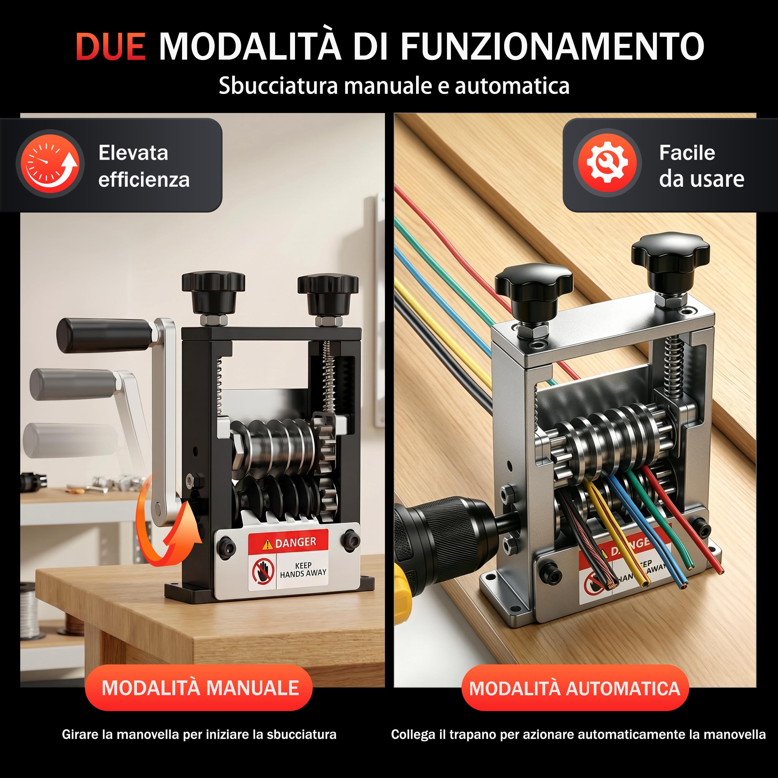 Spellafili Elettrici 3–17 mm, Macchina Spelafili per Rame con Manovella o Trapano, Spelacavi per Riciclo Fili Elettrici con 6 Canali e 5 Lame, Spelafili Professionale (Nero)