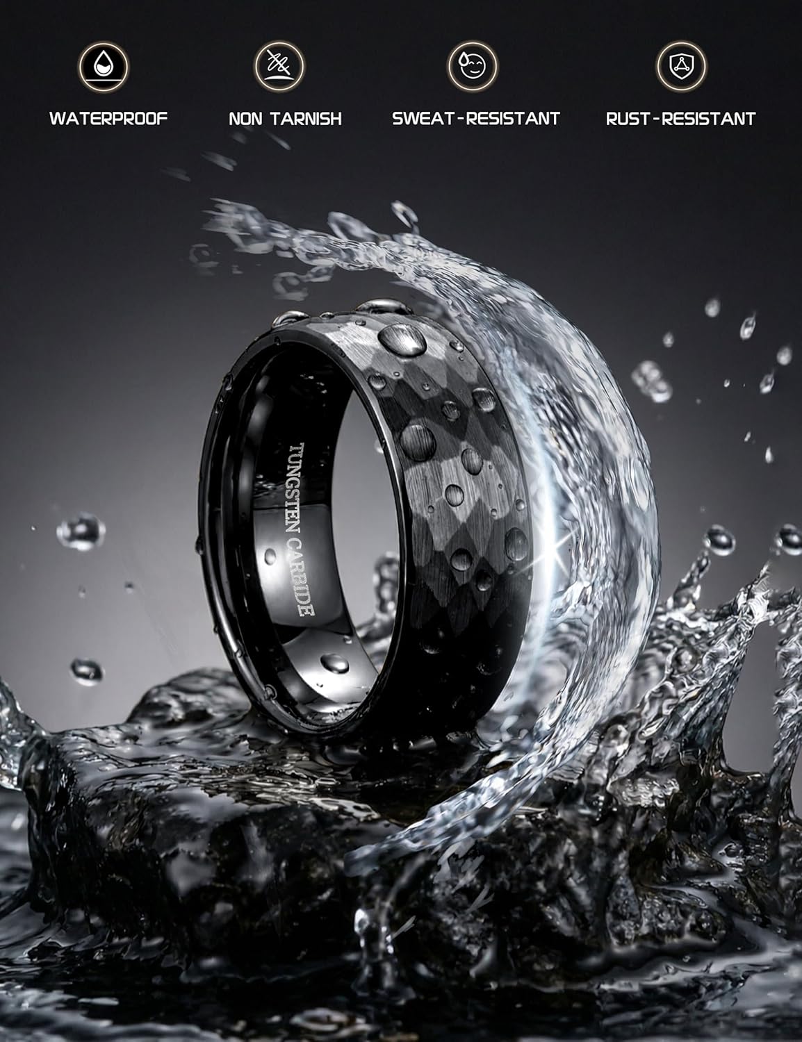 Drperfect Tungsten Wedding Rings for Men Women 8MM Mens Wedding Band Ring Black/Gold/Silver Hammered Groove Matte Brushed Finish Mens Promise Engagement Rings Comfort Fit Size 6-14
