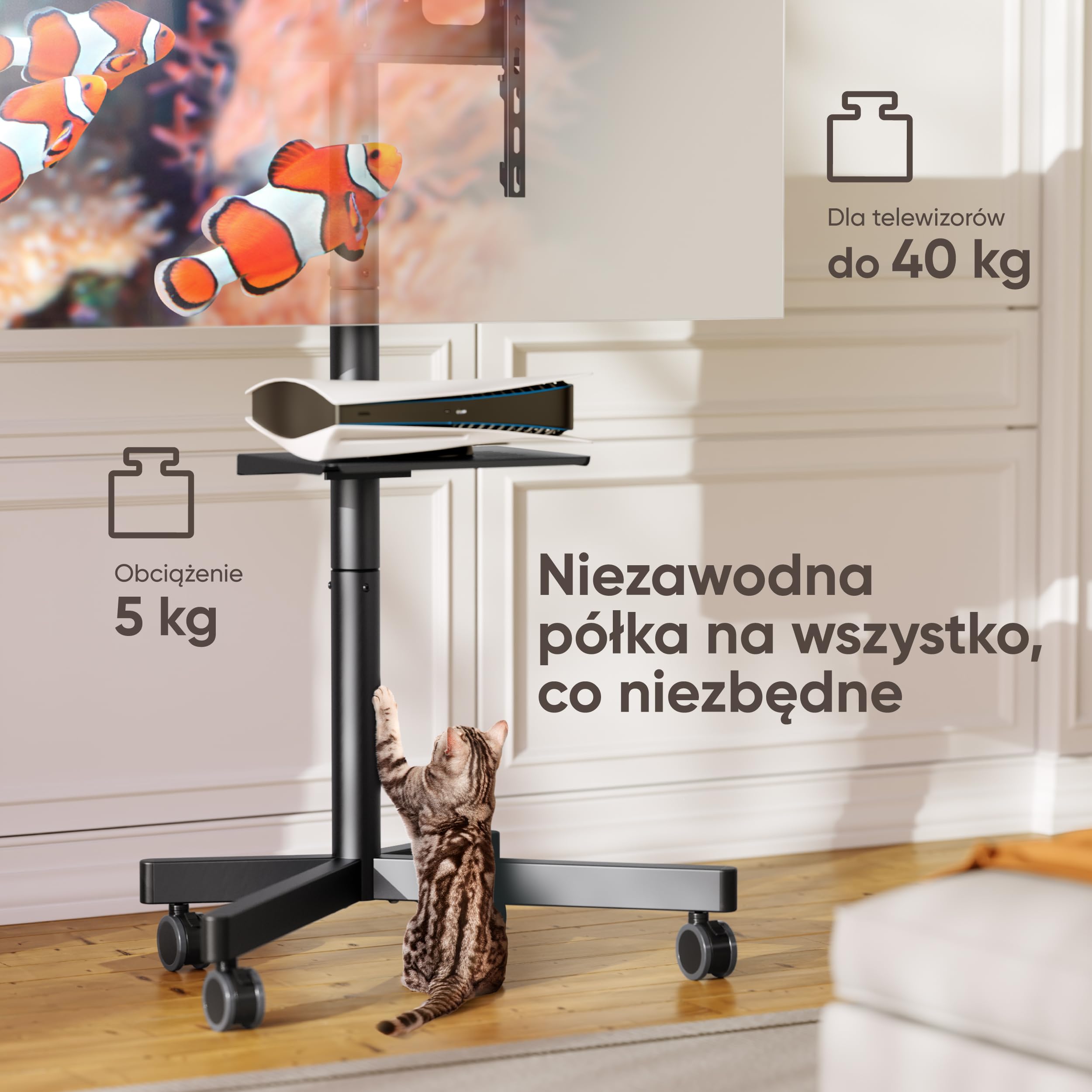 ONKRON Mobilny Stojak TV na Kółkach 23-60 Cali, Maks. Obciążenie 45 kg, Wózek pod Telewizor VESA 100x100-400x400, z Regulacją Wysokości, Półką AV i Kabel-Kanałem, Czarny TS1137-B