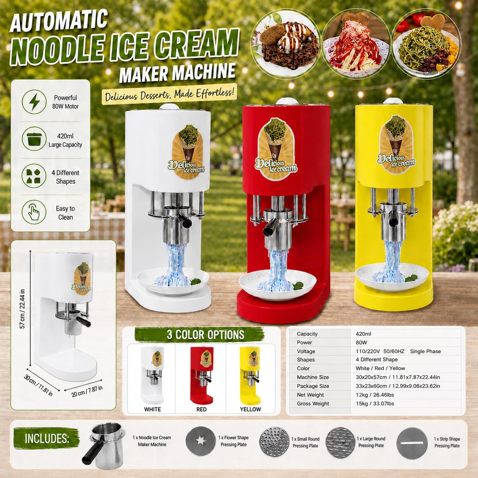 MáQuina De Espaguetis De Helado De Tipo Comercial, DiseñO Vertical Compacto Y Ahorra Espacio, 30l/H - MáQuina De Helado Suave Y Gelato con 4 Moldes De Formas Yellow