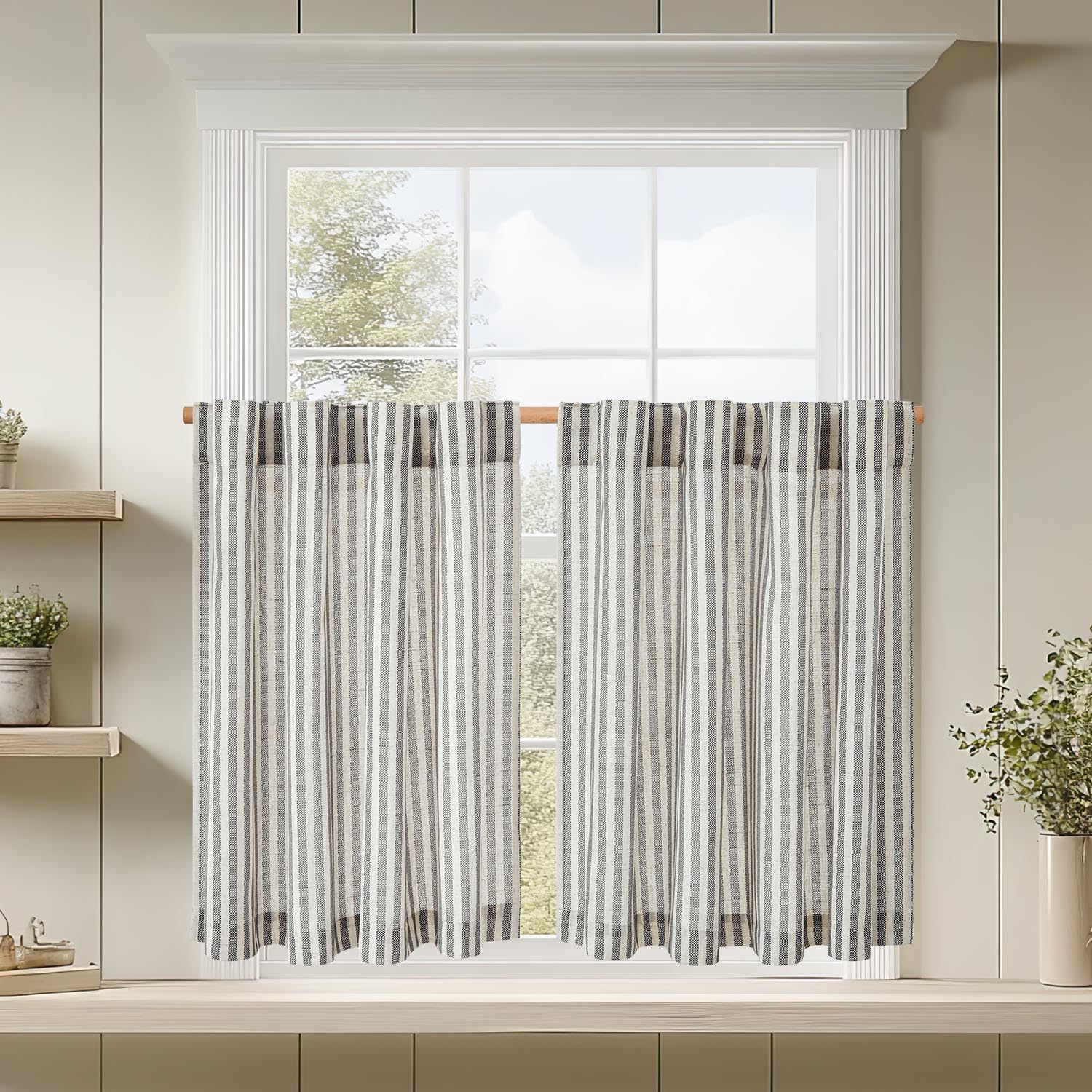 jinchan Linen Kitchen Striped Tier Curtains Ticking Stripe Farmhouse Pinstripe Cafe 24 Inch for Living Room Bathroom Small Window Curtains Light Filtering 2 Panels Black 38"W x 24"L (Pack of 2) Rod Pocket Striped Black