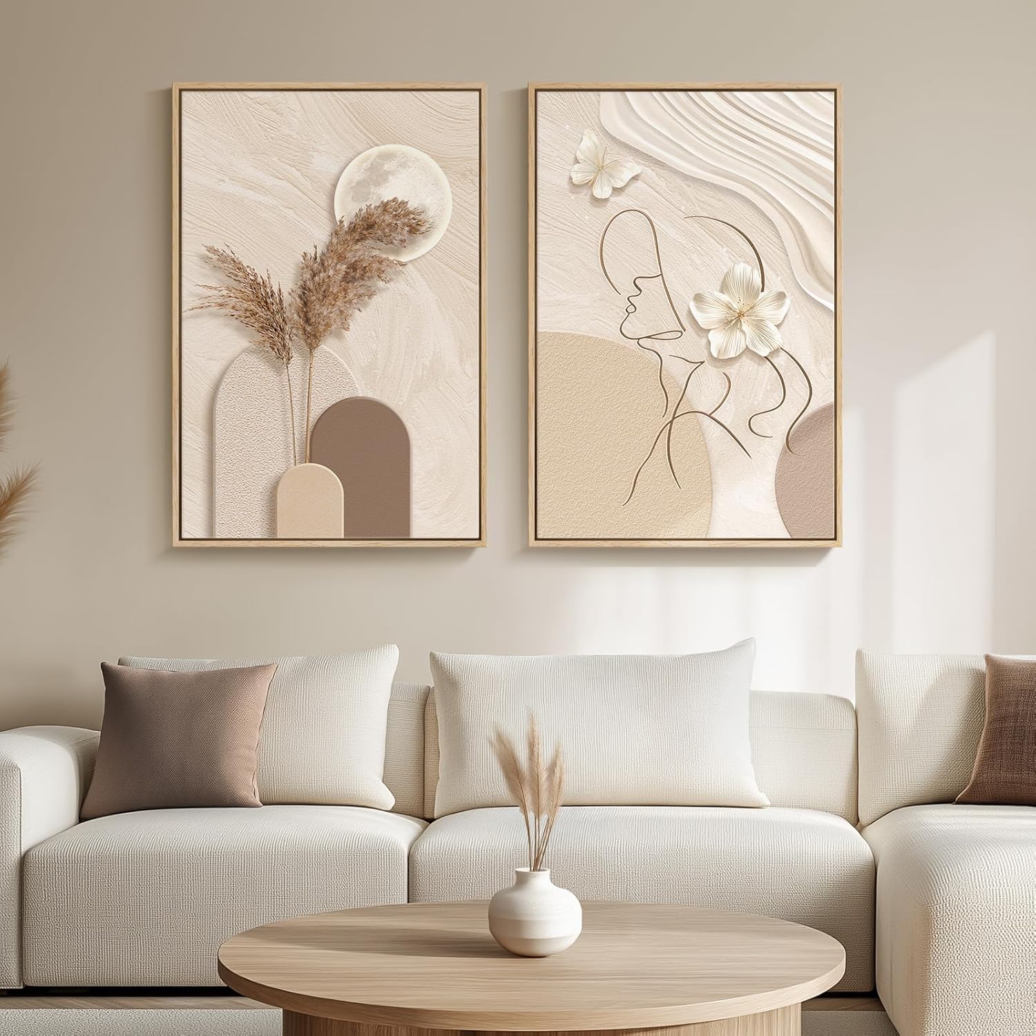 Large Framed Neutral Abstract Wall Art for Living Room, 2 Piece Tan and Cream Beige Canvas Prints Paintings Artwork for Walls, Woman Silhouette Big Pictures for Bedroom Dining Room Office Wall Decor 20" W x 30" H x 2Pcs 2 Piece-Neutral