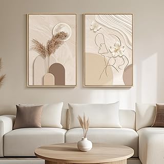 Large Framed Neutral Abstract Wall Art for Living Room, 2 Piece Tan and ...