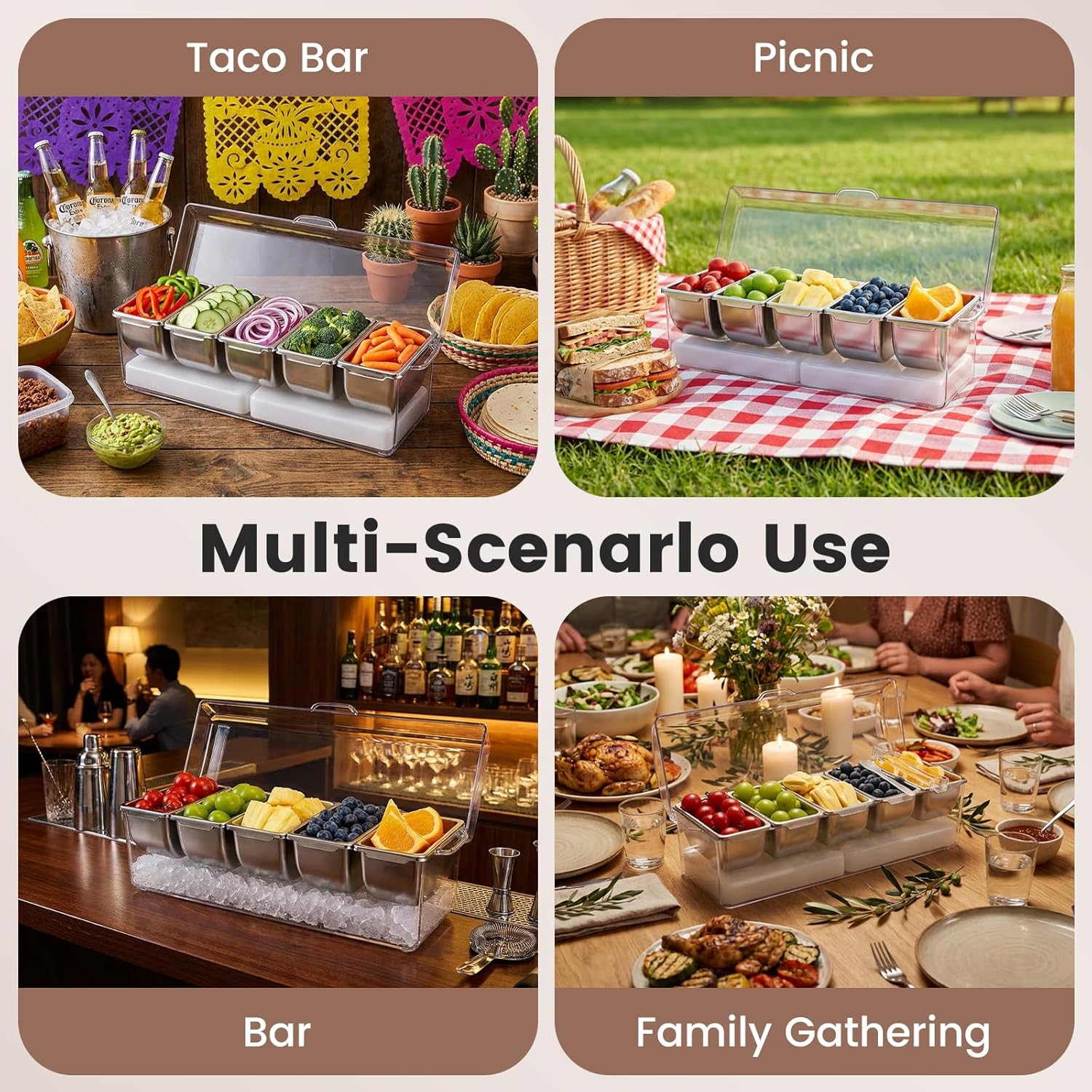 Chilled Condiment Caddy with 5 Stainless Steel Compartments – Condiment Containers with Lids, Serving Tray for Party, Bar, Salad, Taco & Fruit Garnish, Includes 2 Ice Packs, 5 Forks and 2 Tongs