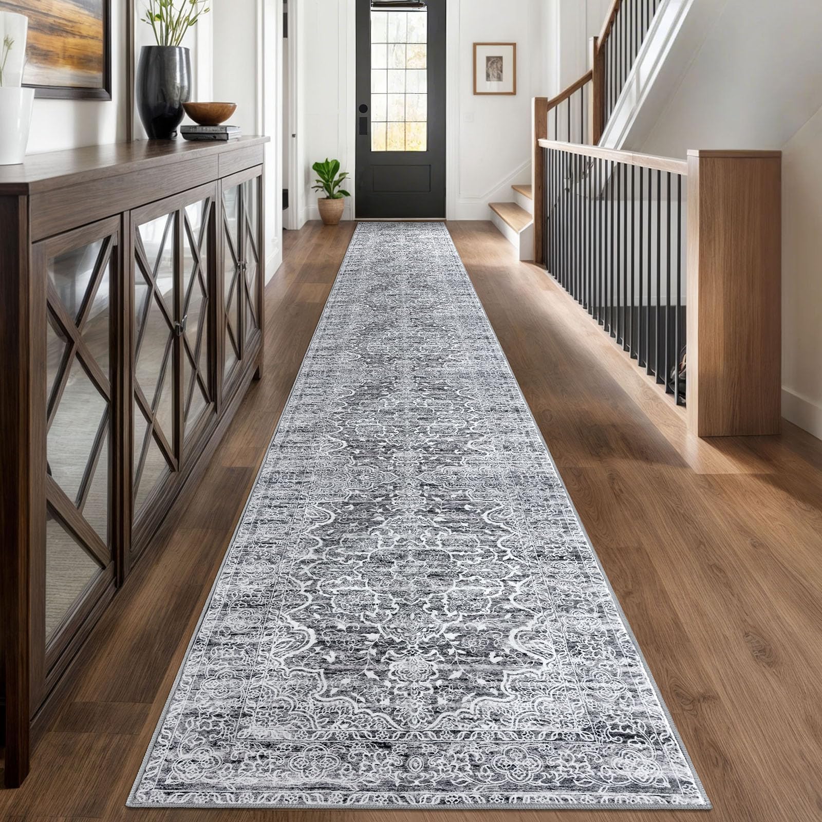 KUTA Extra Long Runner Rug for Hallway 2.6x18ft, Grey Blue White Vintage Washable Kitchen Runners, Non-Slip Stair Rugs Ultra Soft Printed Modern Floral Distressed Carpet for Bedroom Living Room — image 1