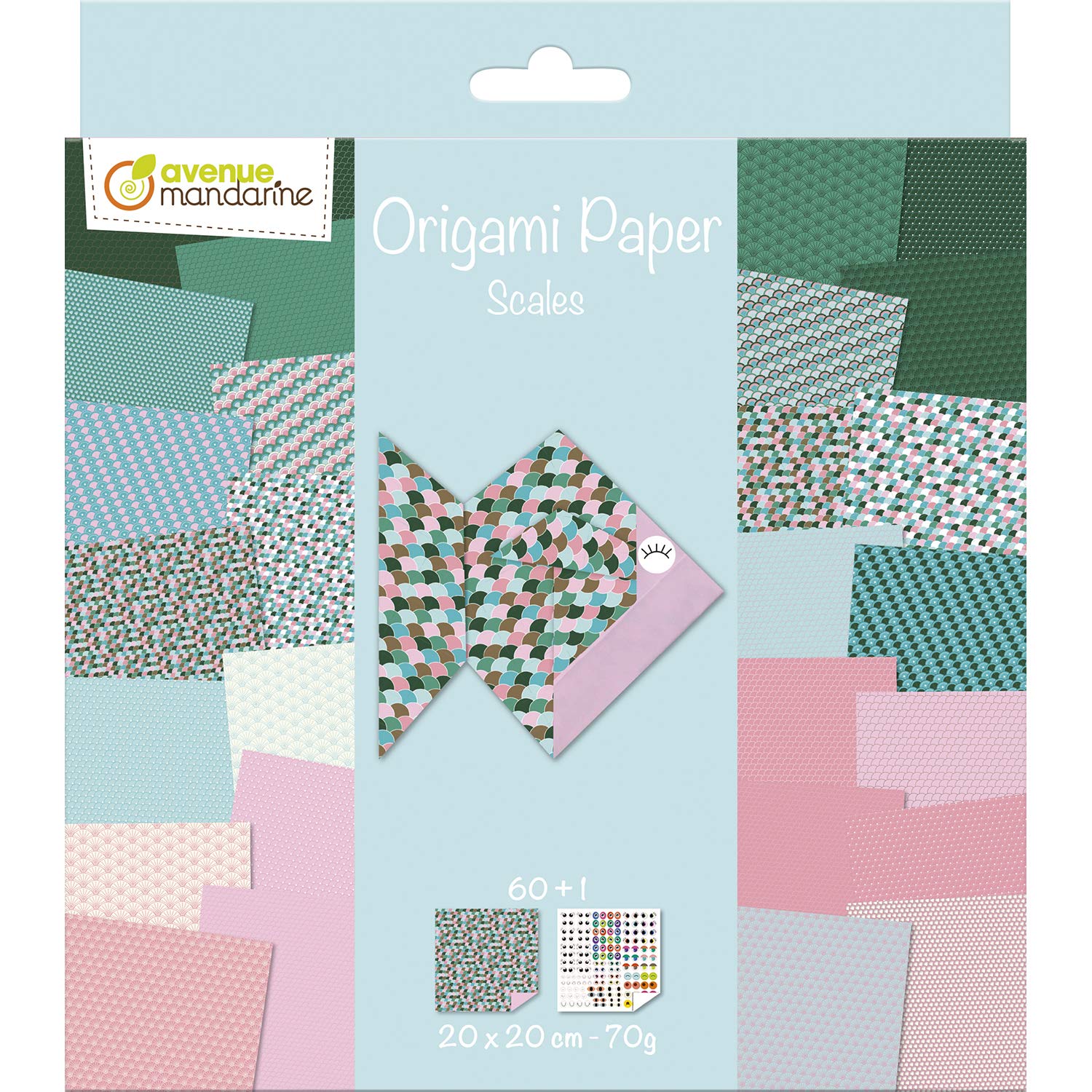 Clairefontaine ES Avenue Mandarine OR511C - Un paquete de 60 hojas Origami 20 x 20 cm 70 g (30 diseños x 2 hojas) y una tabla de pegatinas incluida, Scales