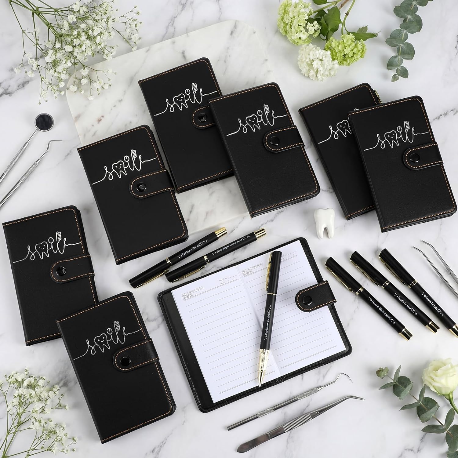 TaoBary 36 Sets Dental Hygienist Appreciation Gifts Bulk Tooth PU Leather Notebook and Motivational Ballpoint Pen Set, Thank You Gifts for Dentist Assistant Hygienist Nurse Week (Black)