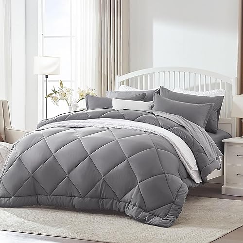 SLEEP ZONE King Size Comforter Duvet Insert, Down Alternative Reversible Comforter, Lightweight, Soft and Breathable Bedding All Season, Diamond Quilting Grey