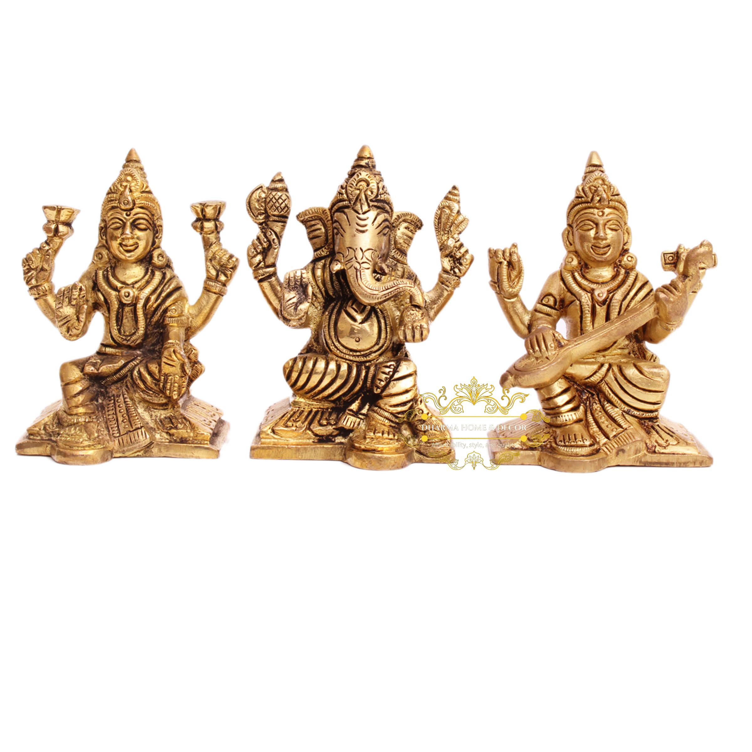 Dharma Home & DecorBrass Ganesh Laxmi Saraswati Statue | Diwali Pooja Idol Set | Brass Lakshmi Ganesha for Home, Temple, Office Decor & Diwali Gift(Weight1900 g)(H 3.93 X L 2.75 X W 1.57 Inch)