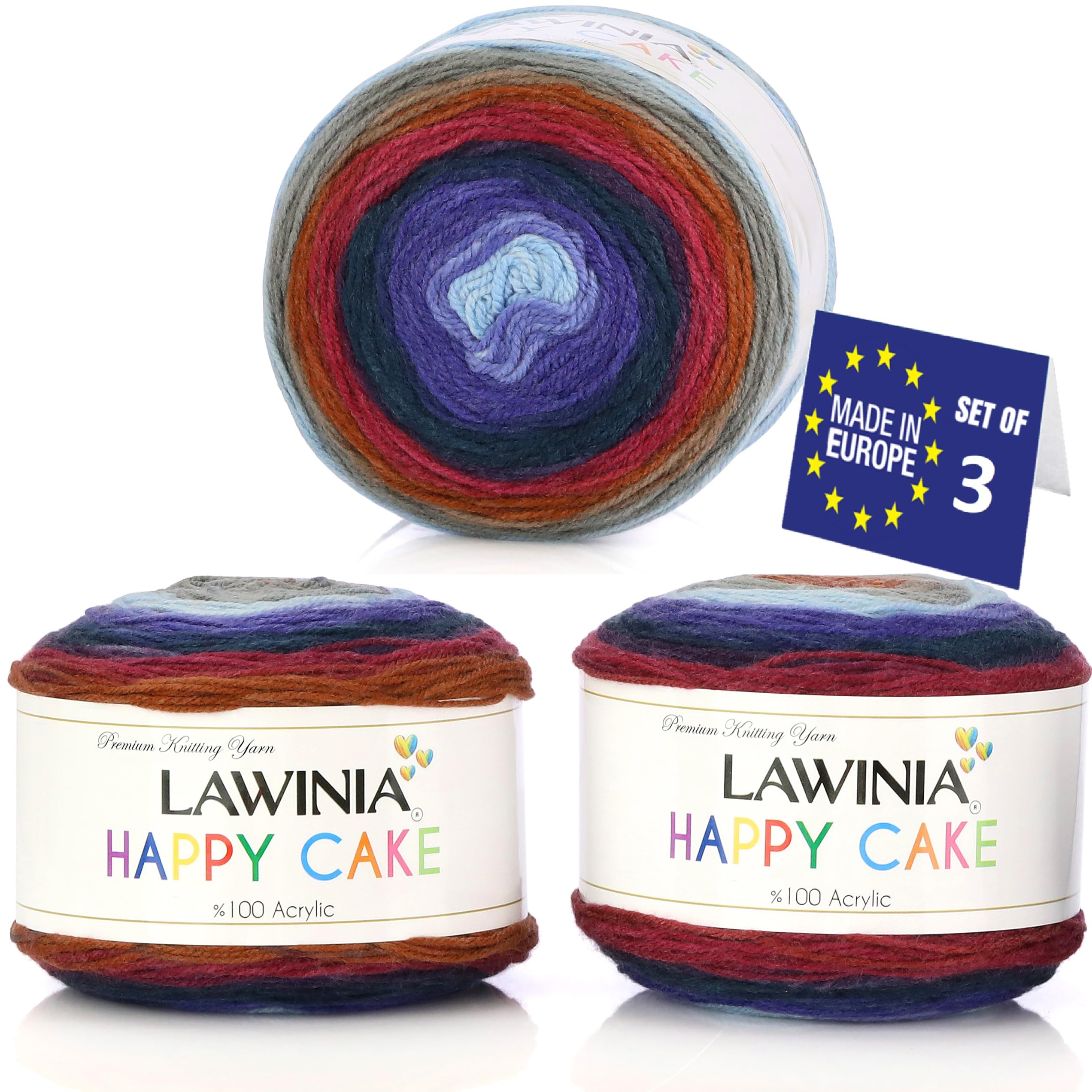 LAWINIA Happy Cake Premium Rainbow Yarn DK, Pack of 3 Each 150g, 530m Cake DK Knitting Yarn