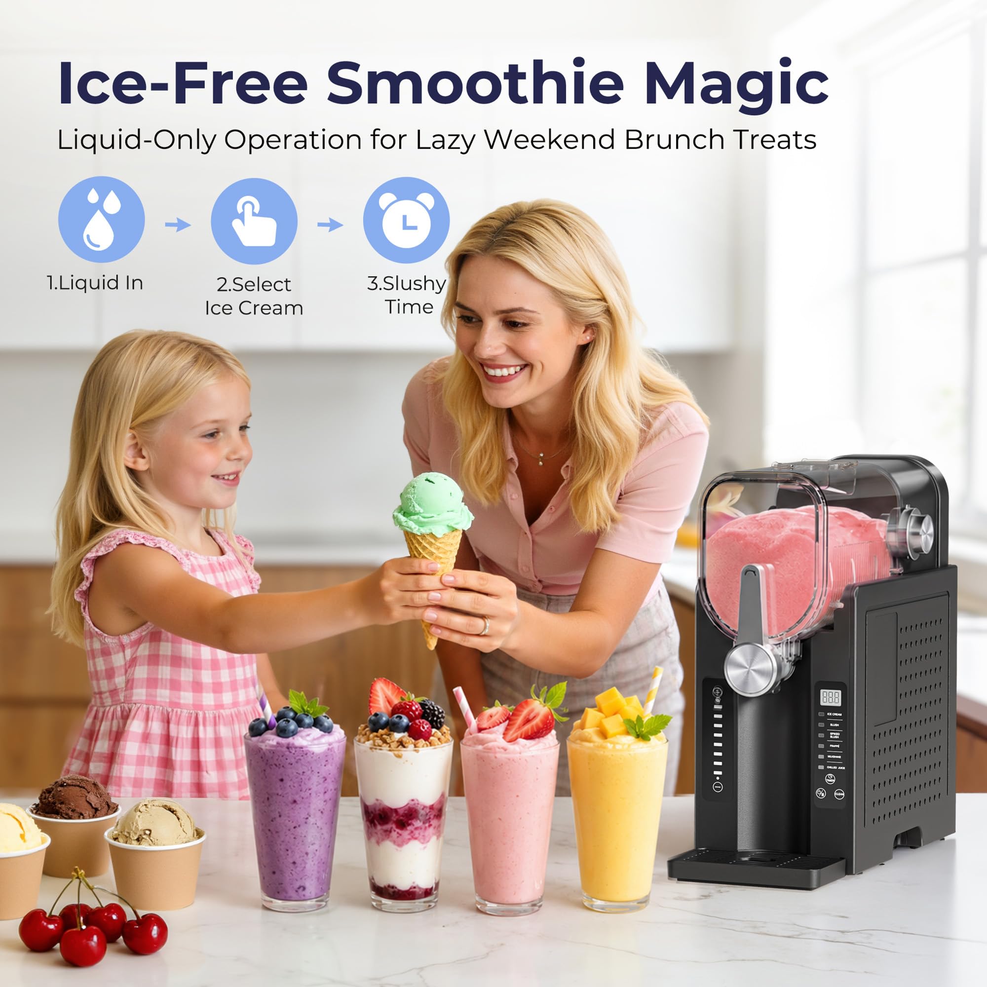 Slushie Machine, nie wymaga lodu, do domu, wyświetlanie temperatury w czasie rzeczywistym, ekspres do mrożonych napojów z 6 zaprogramowanymi programami do lodów, frappés, koktajli mlecznych i innych