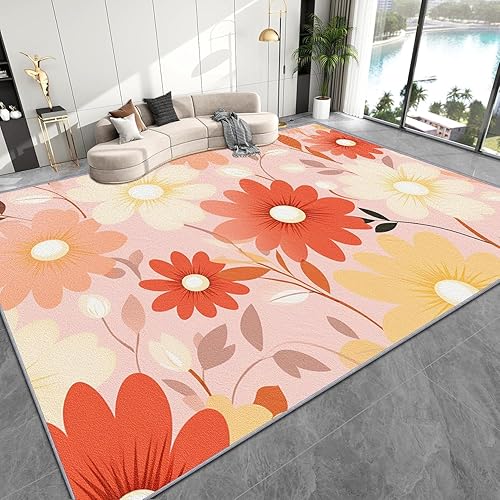 Abstract Floral Area Rug - 4x6 Rug, Boho Floral 70s Living Room Rugs, Groovy Flower Retro Vintage Bedroom Rug, Pastel Color Carpet, Boho Flower Home
