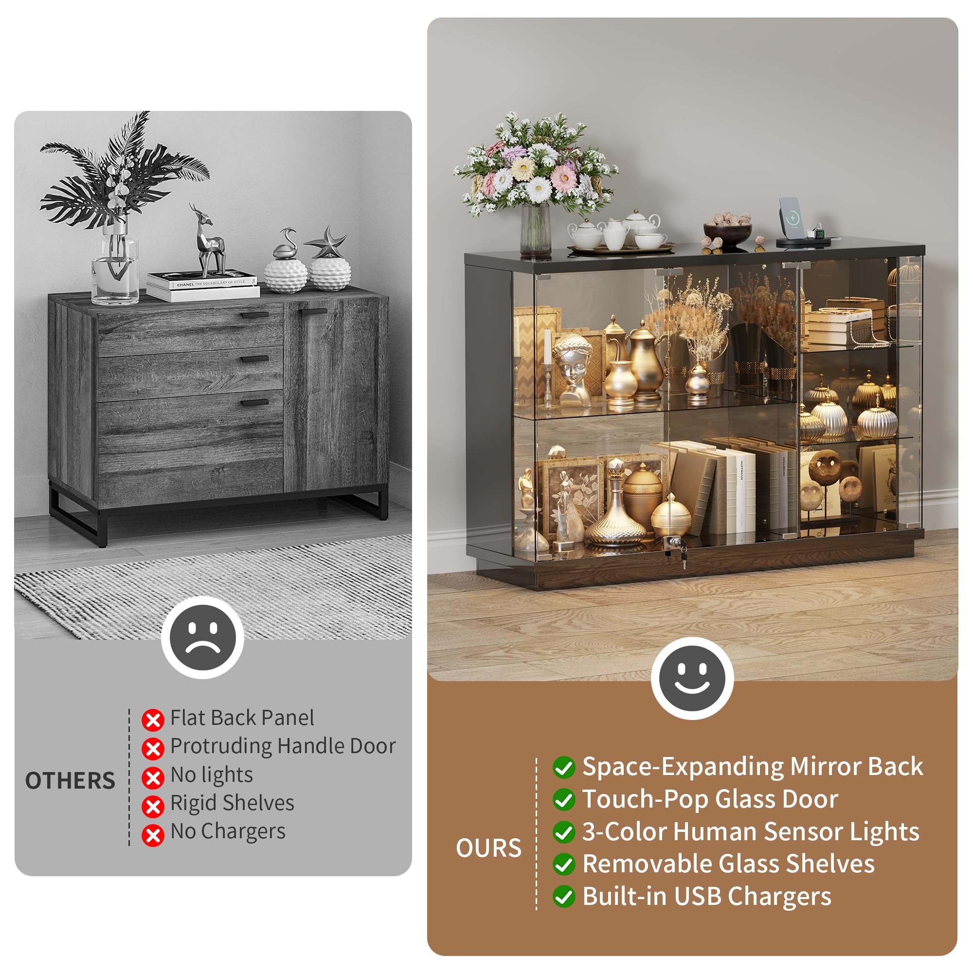 Guerxl Vitrina con Iluminación LED Y Función de Carga para Salón,120 CM Largo Vitrinas de Crista con Sensores Inteligentes Y Estantes de Vidrio Extraíbles para Oficina Personal,Coleccionables,Negro