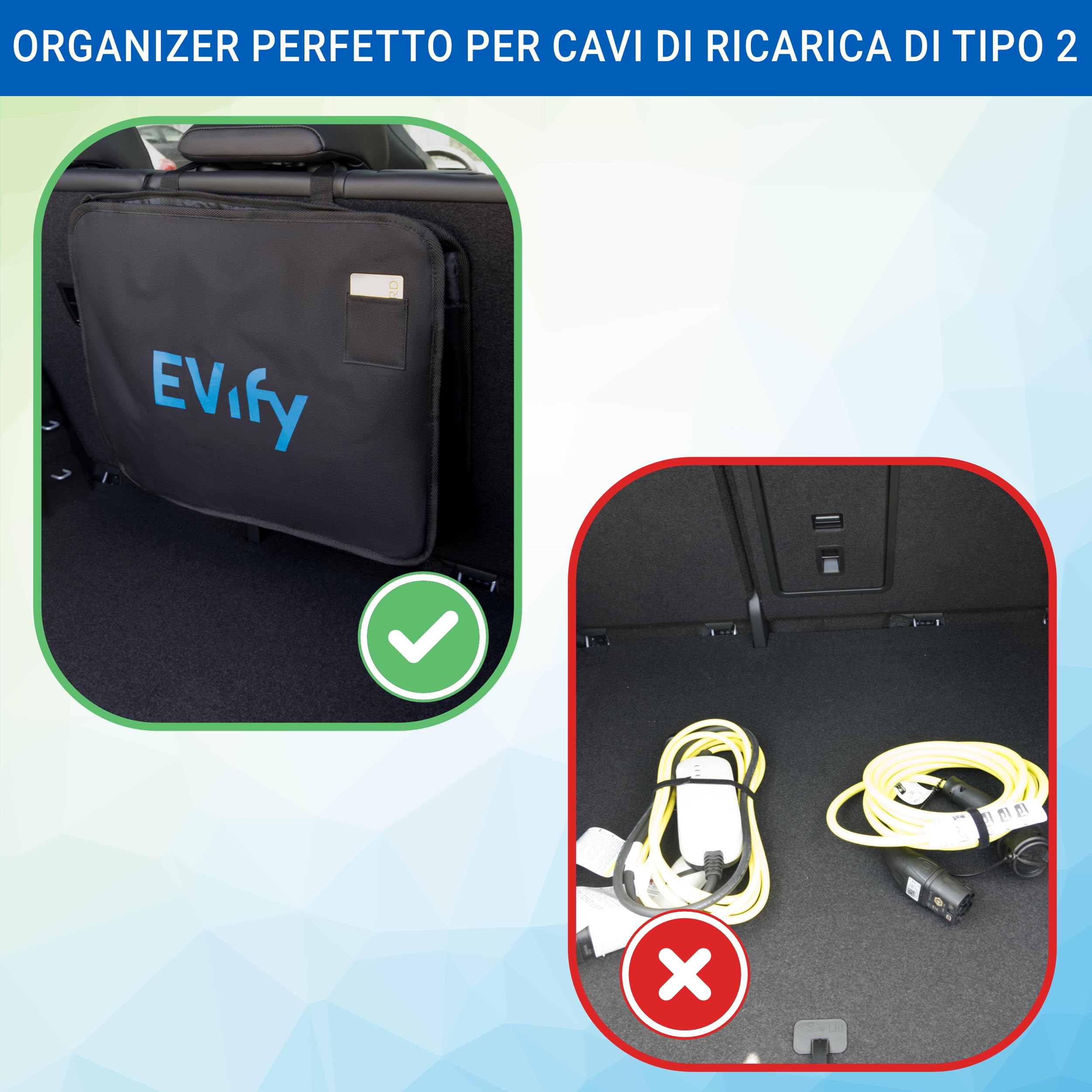 Borsa di ricarica tipo 2 per bagagliaio, organizer velcro, scomparto carte ricarica, design