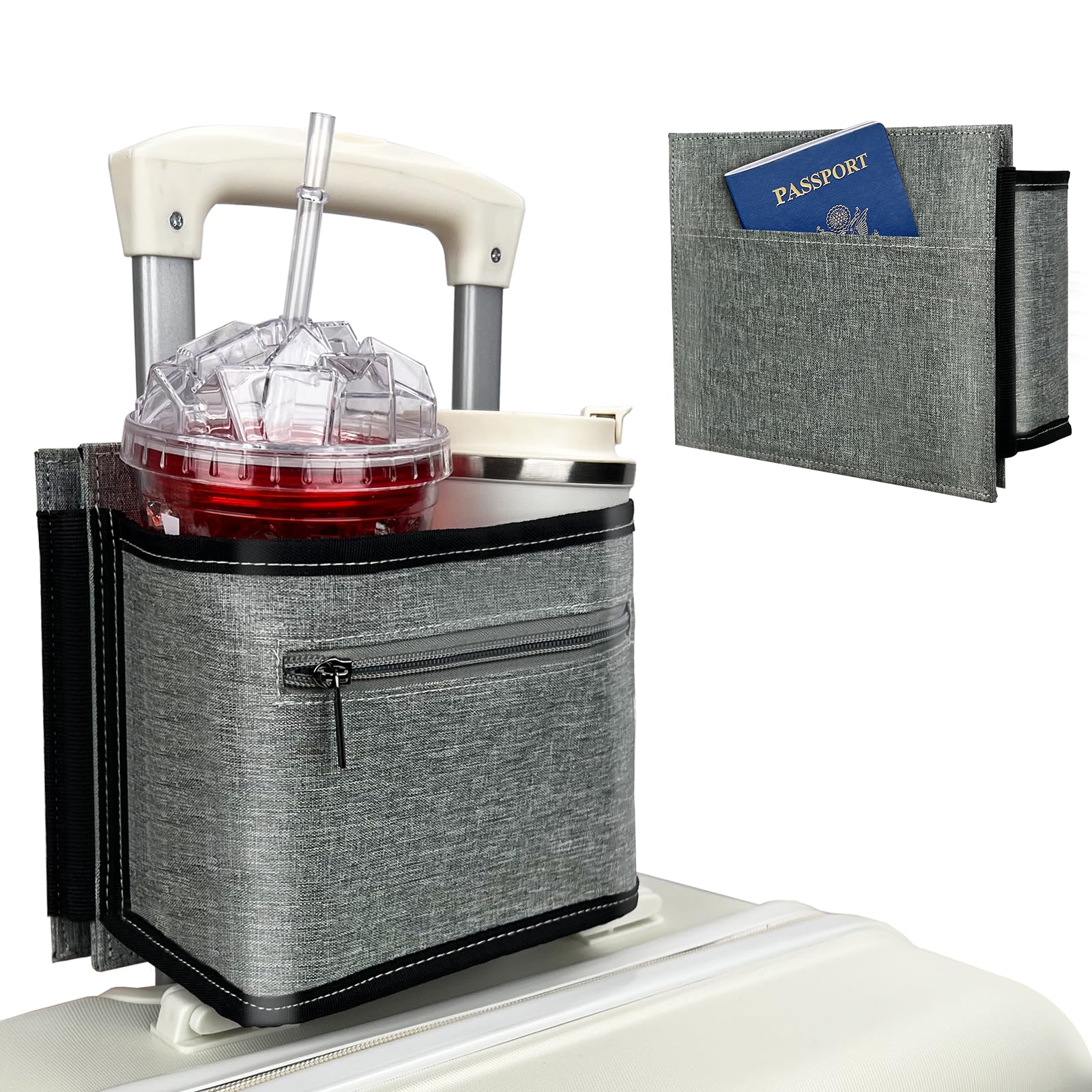 Travel Luggage Cup Holder, Vethers Drink Carrier, Luggage Cup Holder Attachment, Free Hand Suitcase Drink Carrier for Drinks Beverages, Coffee, Bottles, Snacks (Snowy Gray)