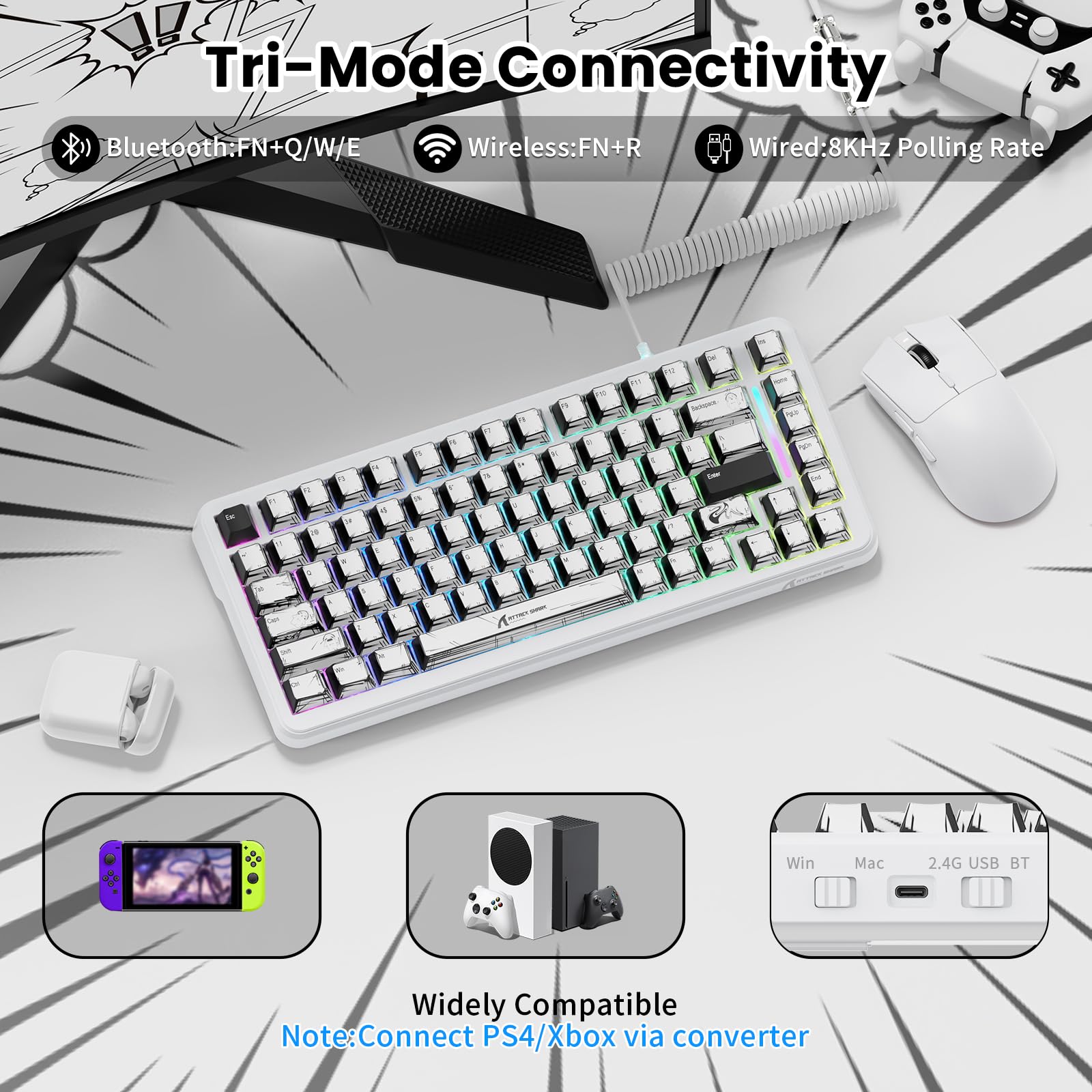 ATTACK SHARK X82PRO HE Tastiera Magnetica Wireless 75% con Attivazione Rapida, Tastiera da Gaming Cablata 8000, Switch Hall Effect a Corsa Regolabile, QWERTY, C01 Cavo Spiralato RGB –Comic