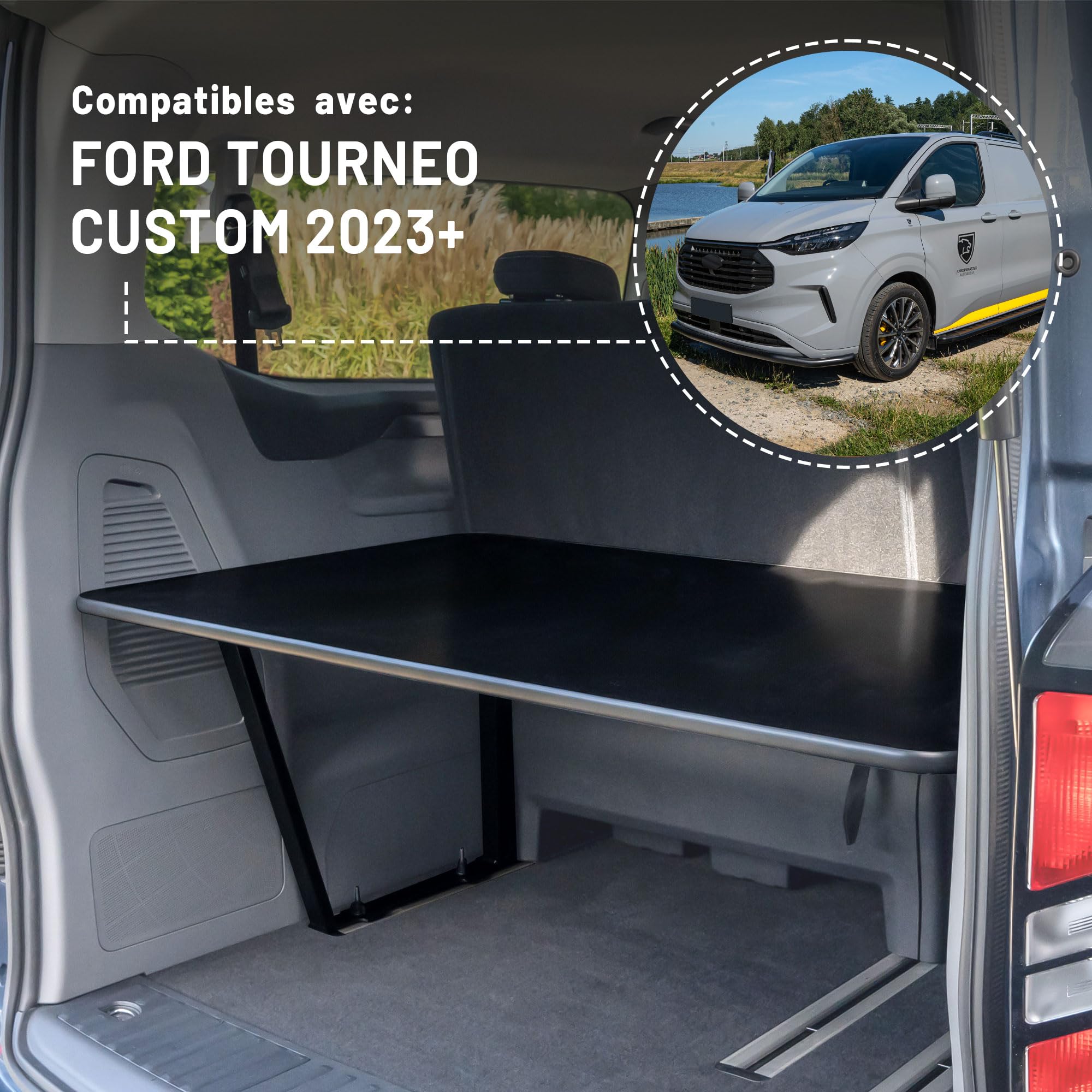 CHROMEMASTER | Compatible avec Ford Tourneo Custom II 2023+ Lit pliable pour voiture, rallonge de lit Multiflex pour campeur, lit de camping, lit pliant, étagère, table | Accessoires pour camping-car